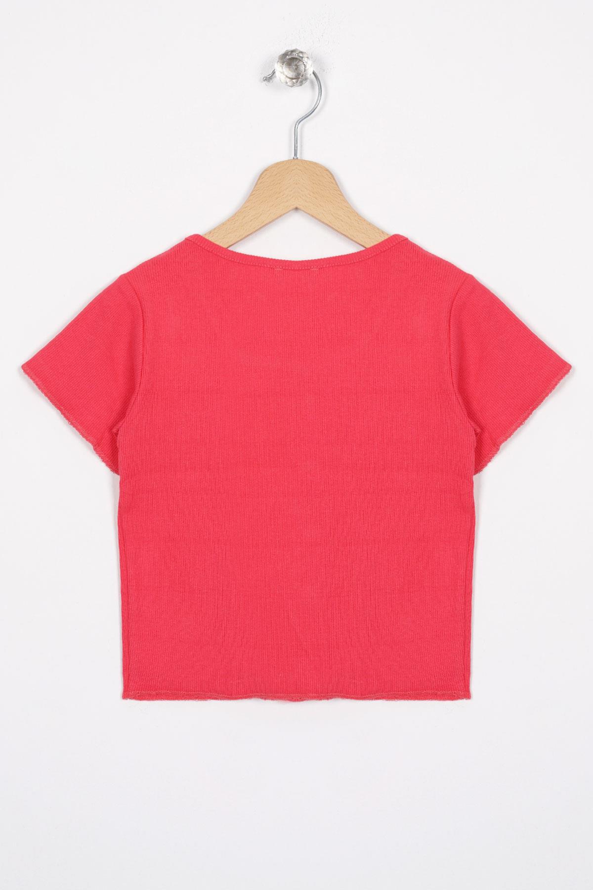 Bisiklet Yaka Kısa Kol Fitilli Pembe Renk Kız Çocuk Tshirt