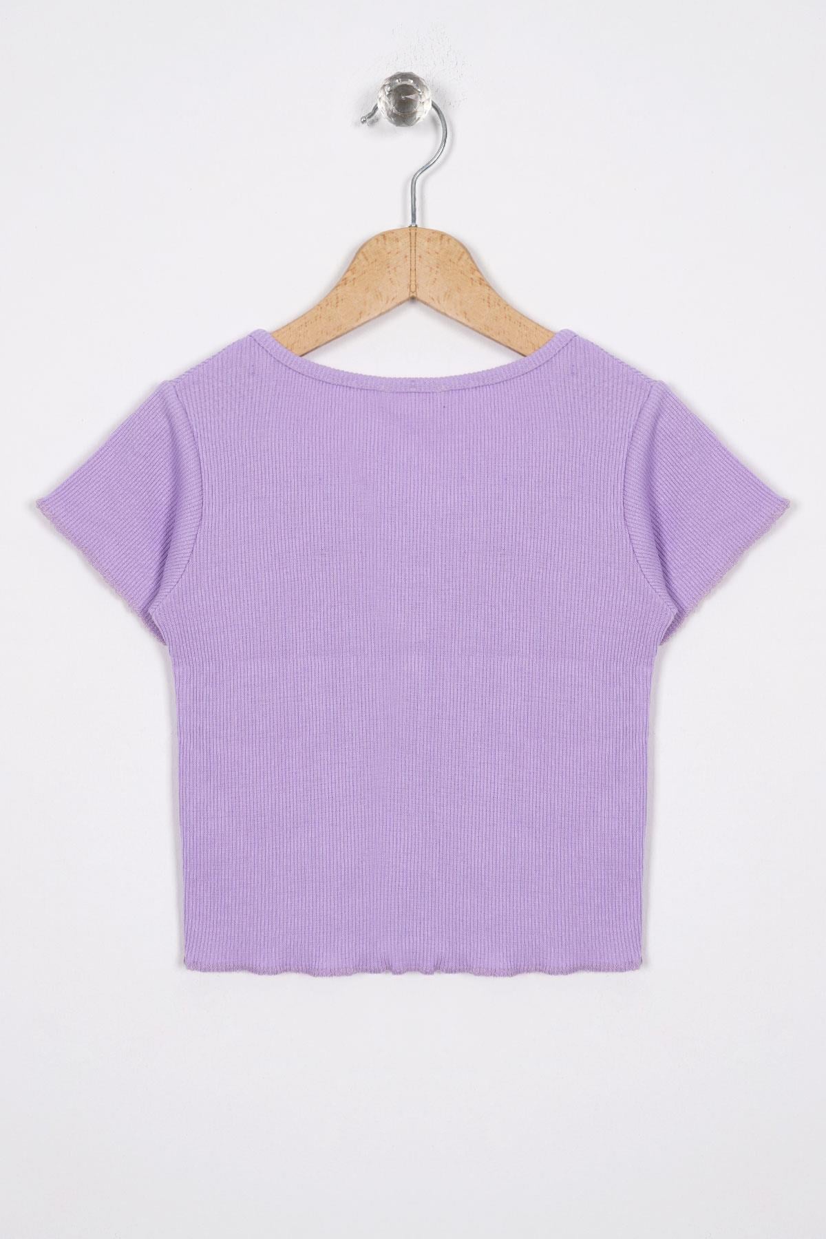 Bisiklet Yaka Kısa Kol Fitilli Lila Renk Kız Çocuk Tshirt