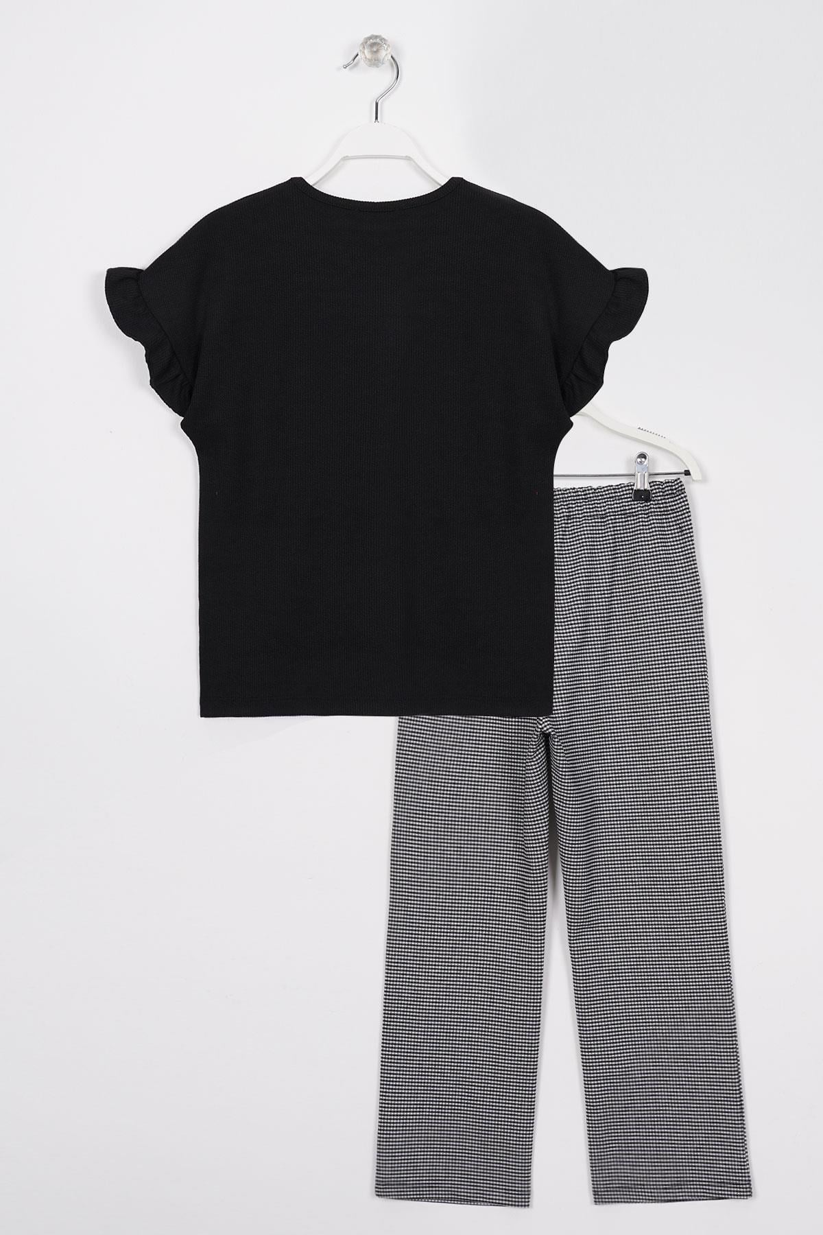 Bisiklet Yaka Kısa Kol Pötikare Detaylı Siyah Renk Kız Çocuk Pantolon Takım