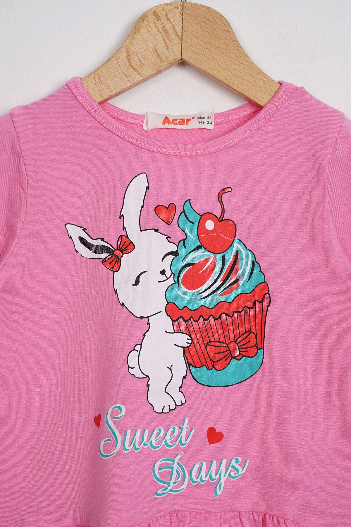 Bisiklet Yaka Kısa Kol Sweet Days Baskılı Pembe Renk Kız Çocuk Taytlı Takım