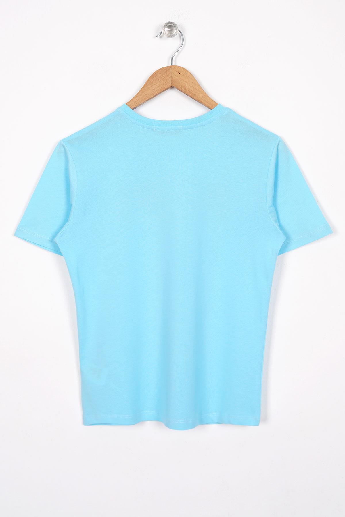 Bisiklet Yaka Kısa Kol Yazı Baskılı Açık Mavi Renk Erkek Çocuk Tshirt