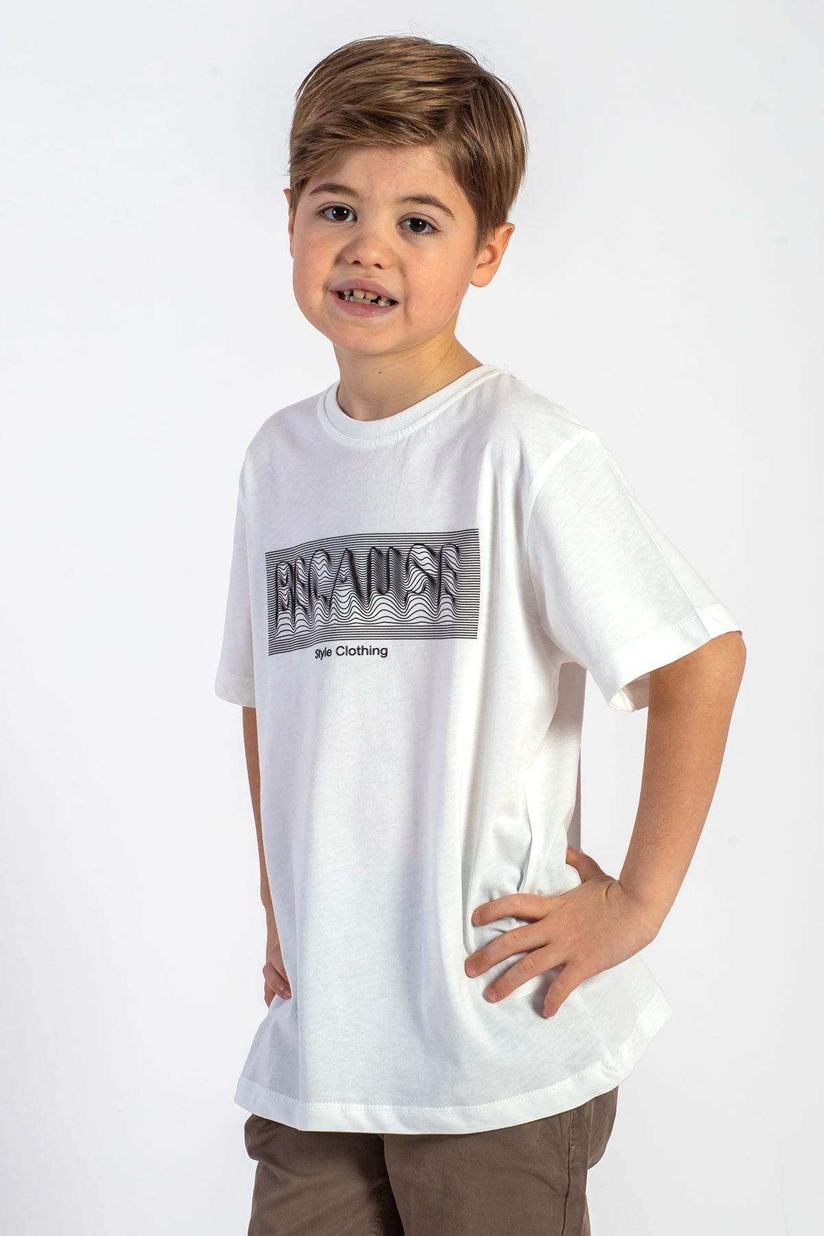 Bisiklet Yaka Kısa Kol Yazı Baskılı Ekru Renk Erkek Çocuk Tshirt