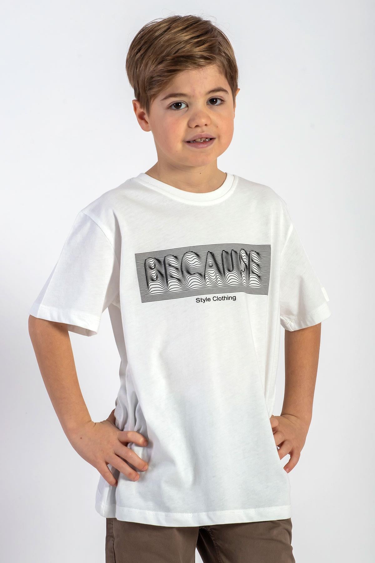 Bisiklet Yaka Kısa Kol Yazı Baskılı Ekru Renk Erkek Çocuk Tshirt