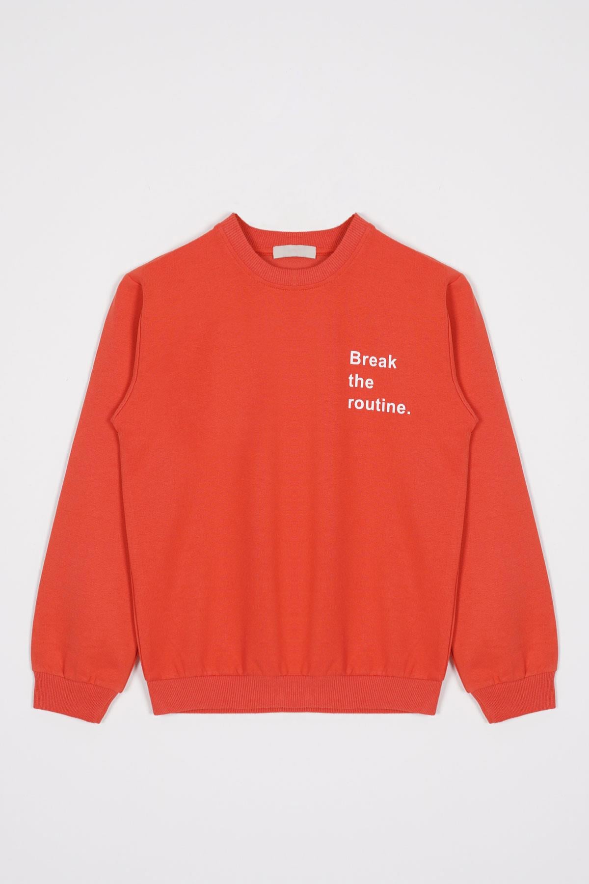 Bisiklet Yaka Uzun Kol Yazı Baskılı Kiremit Renk Erkek Çocuk Sweatshirt