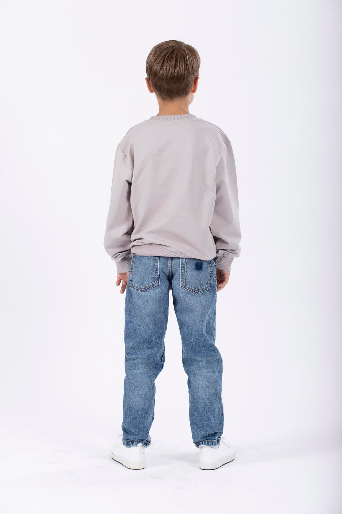 Bisiklet Yaka Uzun Kol Yazı Baskılı Taş Rengi Erkek Çocuk Sweatshirt