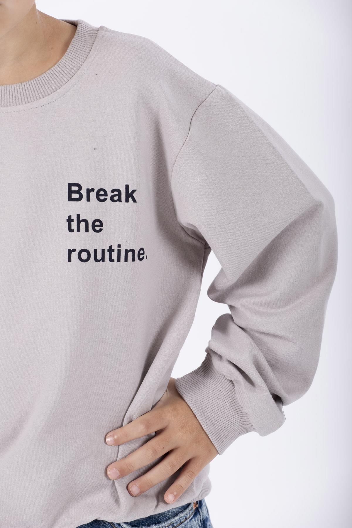 Bisiklet Yaka Uzun Kol Yazı Baskılı Taş Rengi Erkek Çocuk Sweatshirt