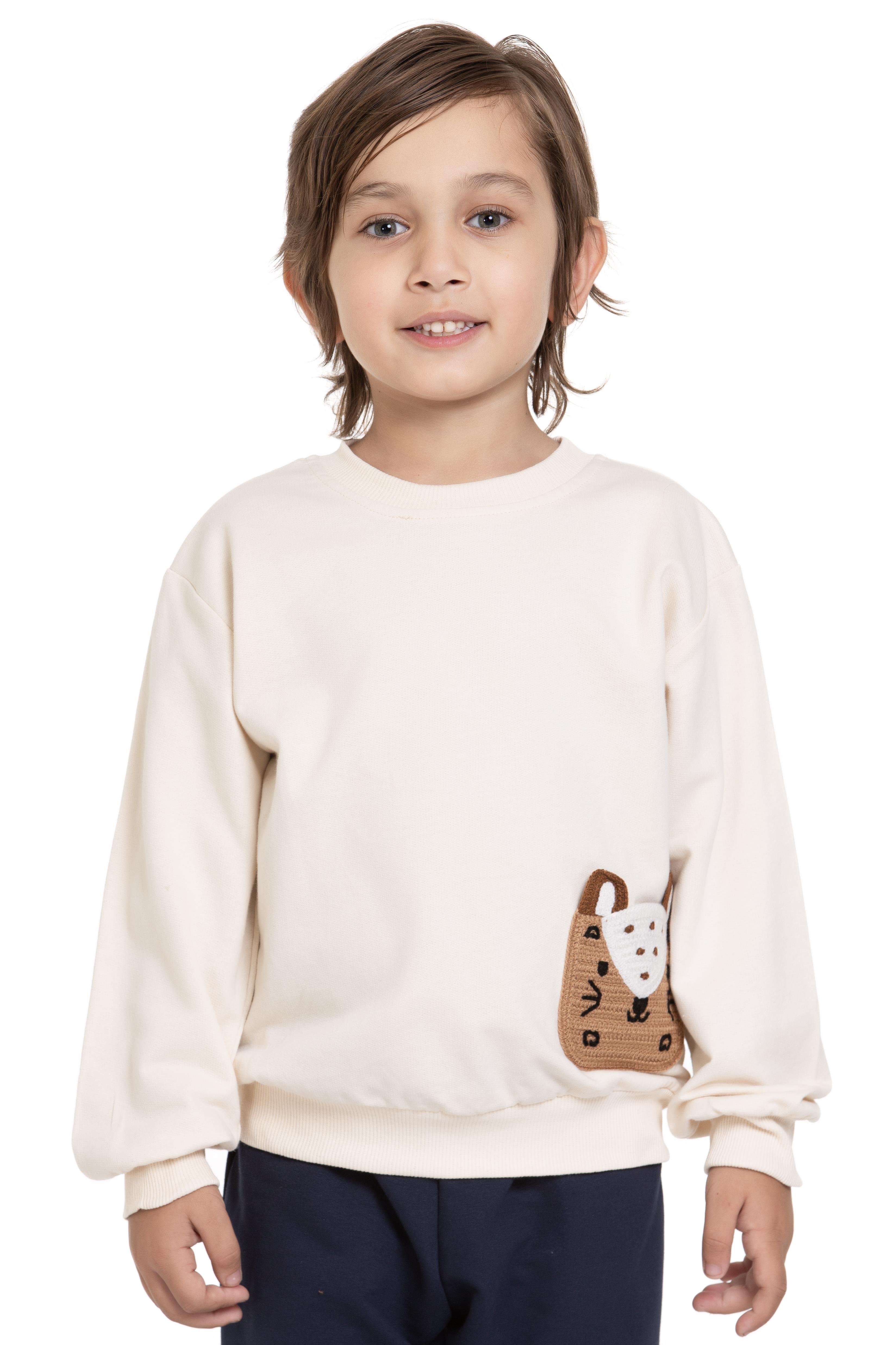 Bisiklet Yaka Cep Detaylı Taş Renk Erkek Çocuk Sweatshirt