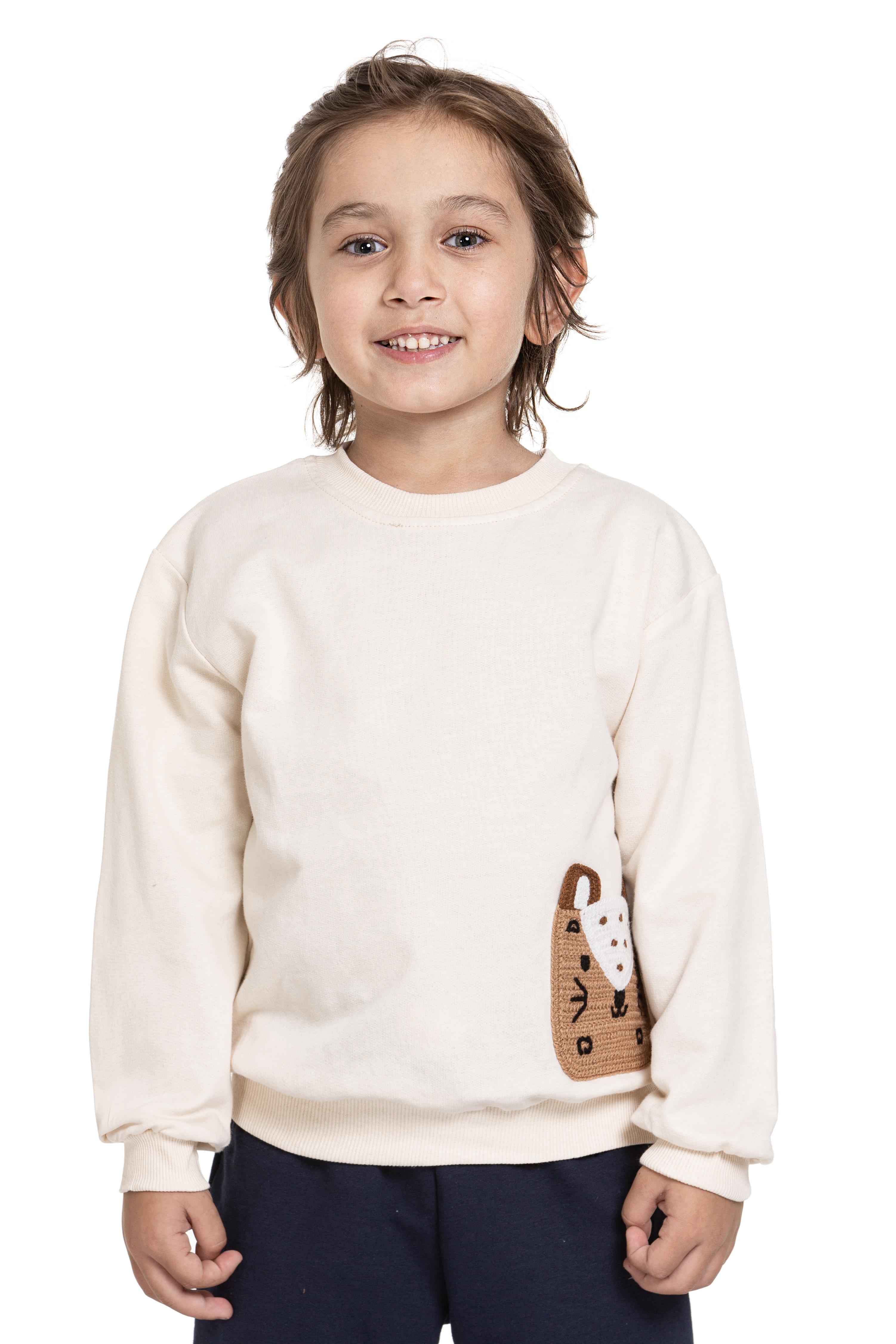 Bisiklet Yaka Cep Detaylı Taş Renk Erkek Çocuk Sweatshirt