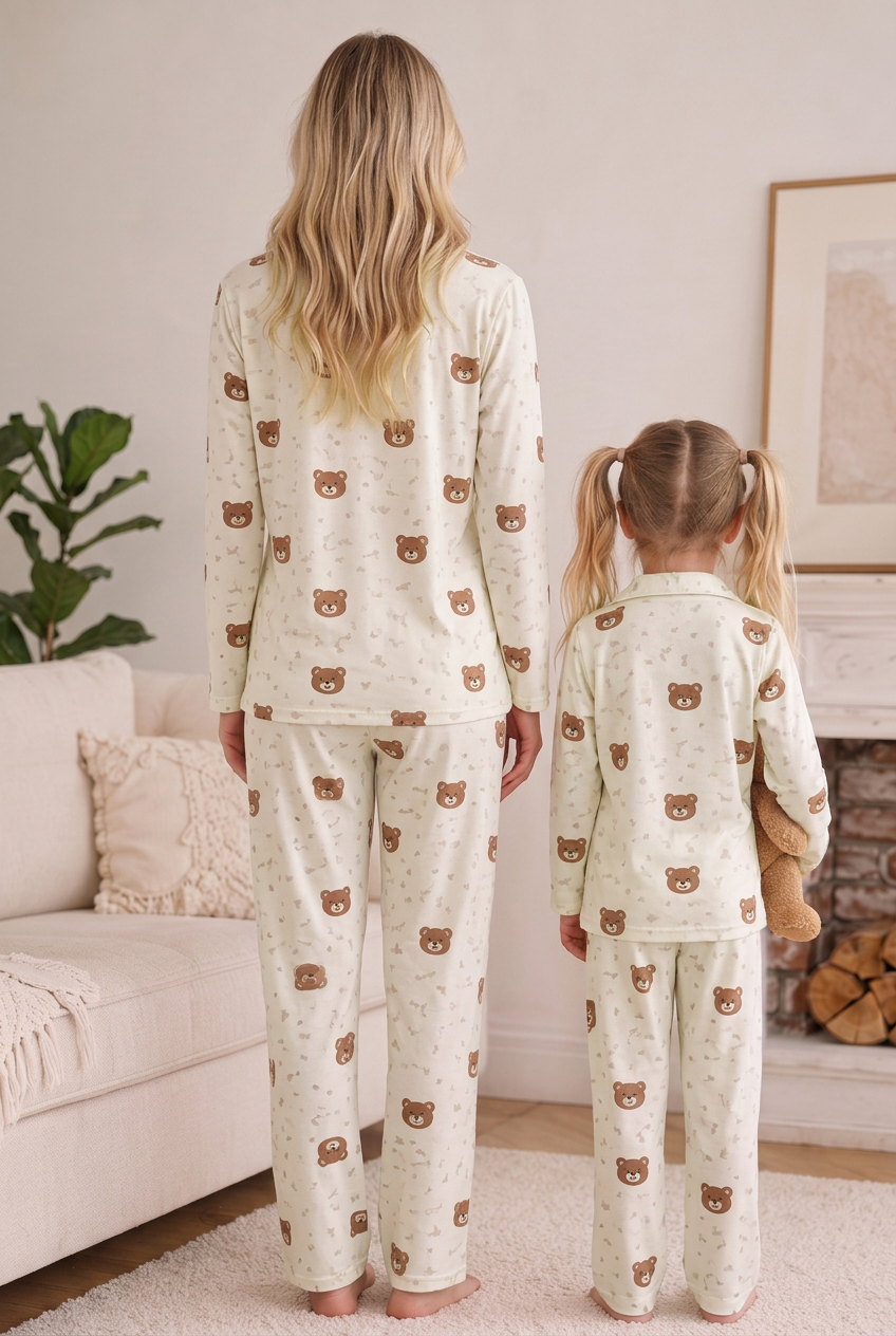 Anne Kız Pijama Takımı Pudra Ayıcık Desenli Uzun Kollu Rahat Ev Giyim Takımı
