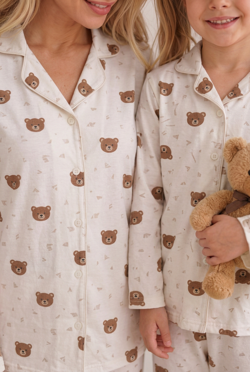 Anne Kız Pijama Takımı Pudra Ayıcık Desenli Uzun Kollu Rahat Ev Giyim Takımı
