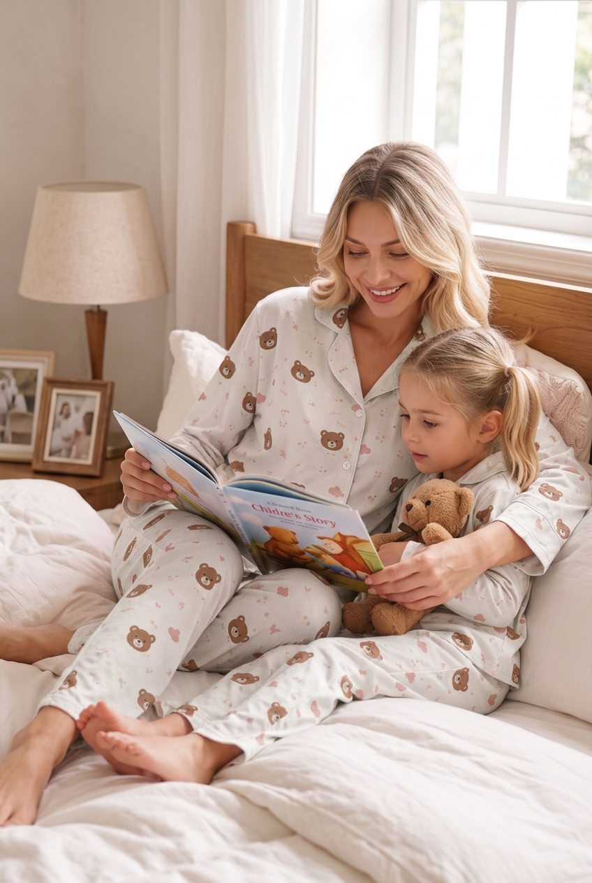 Anne Kız Pijama Takımı Pudra Ayıcık Desenli Uzun Kollu Rahat Ev Giyim Takımı