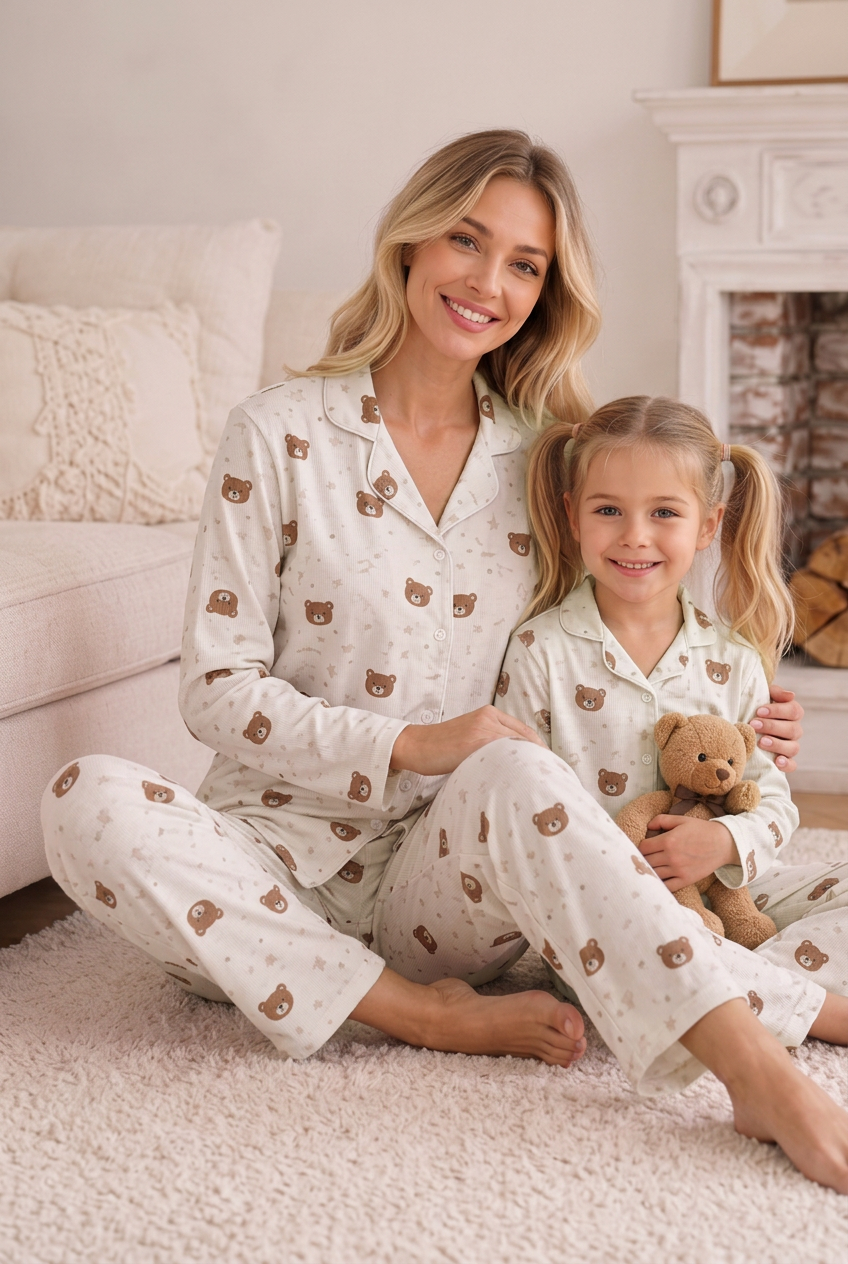 Anne Kız Pijama Takımı Pudra Ayıcık Desenli Uzun Kollu Rahat Ev Giyim Takımı