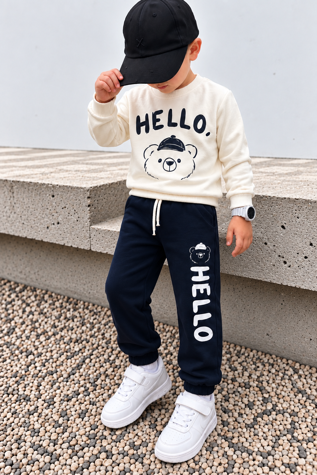 Erkek Çocuk Eşofman Takımı HELLO Ayıcık Baskılı Sweatshirt Lacivert Spor Takım