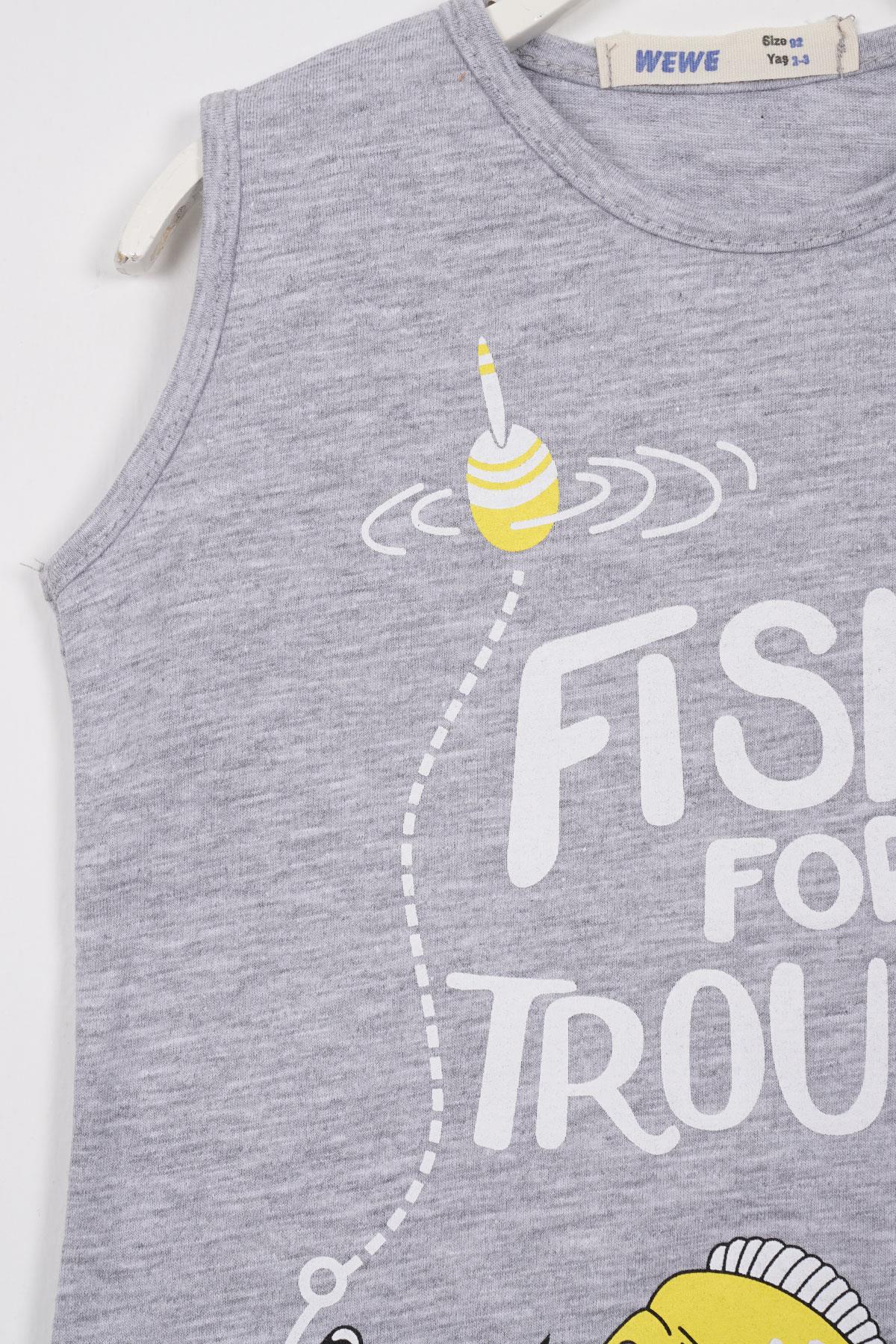 Fıshıng For Trouble Yazı Baskılı Gri Melanj Renk Erkek Çocuk Tshirt