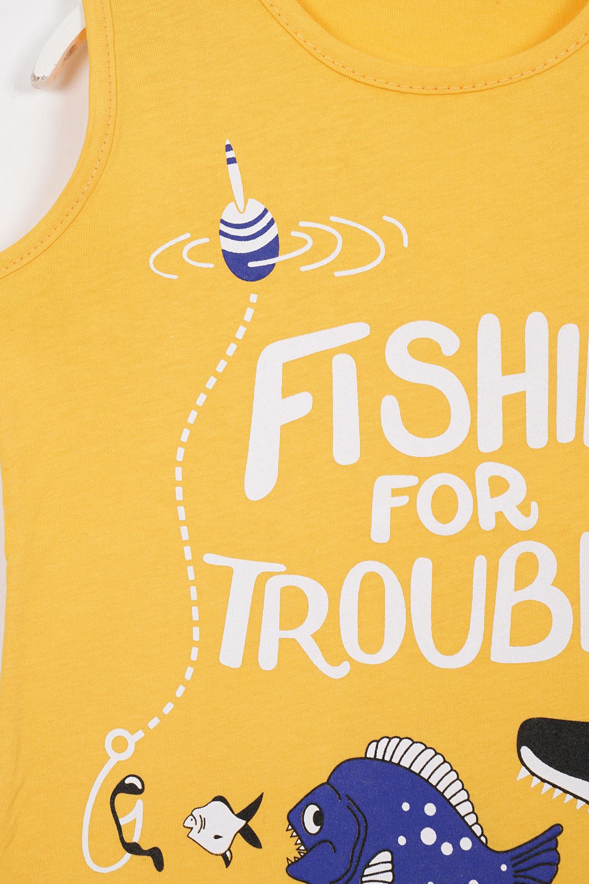 Fıshıng For Trouble Yazı Baskılı Hardal Renk Erkek Çocuk Tshirt