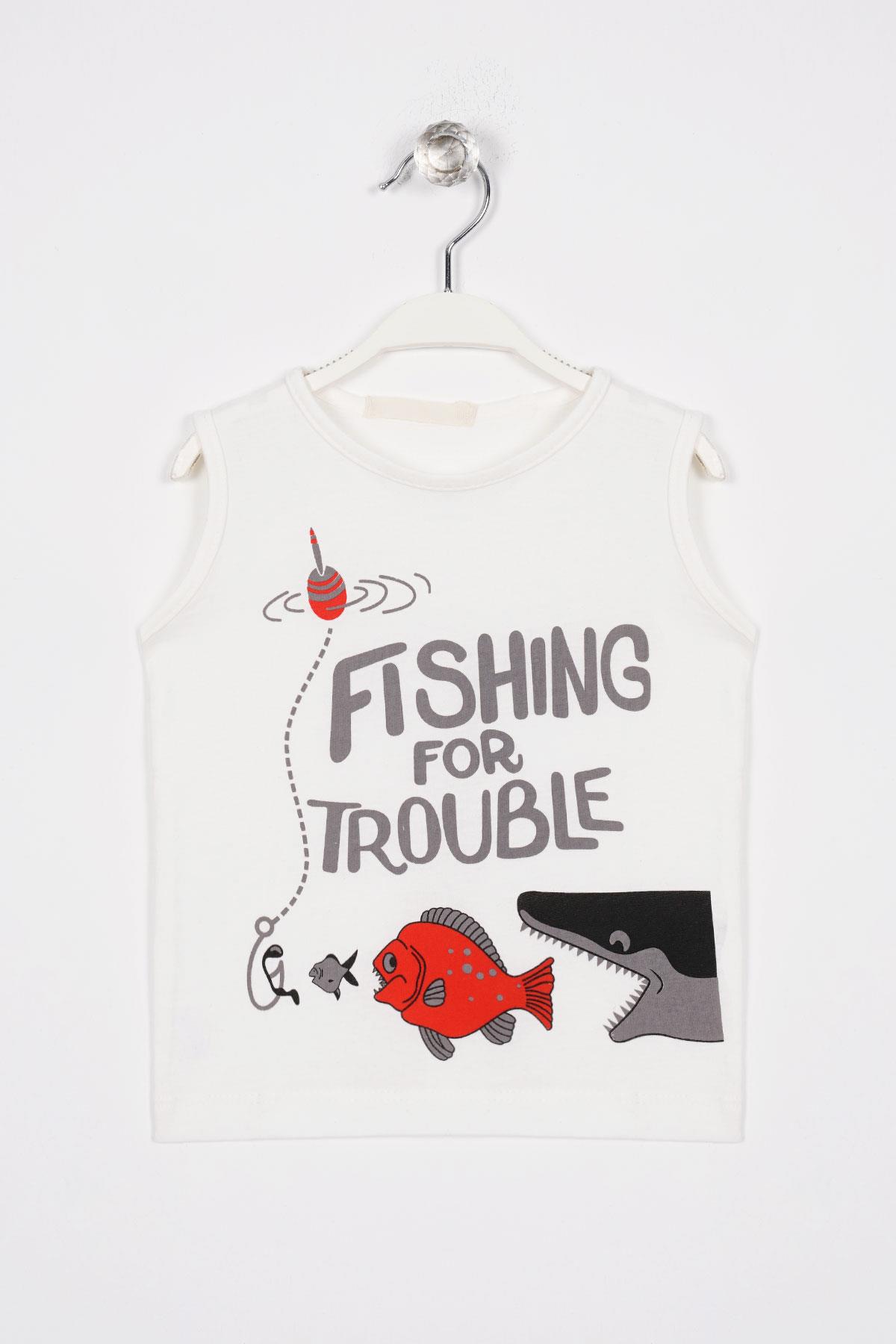 Fıshıng For Trouble Yazı Baskılı Ekru Renk Erkek Çocuk Tshirt