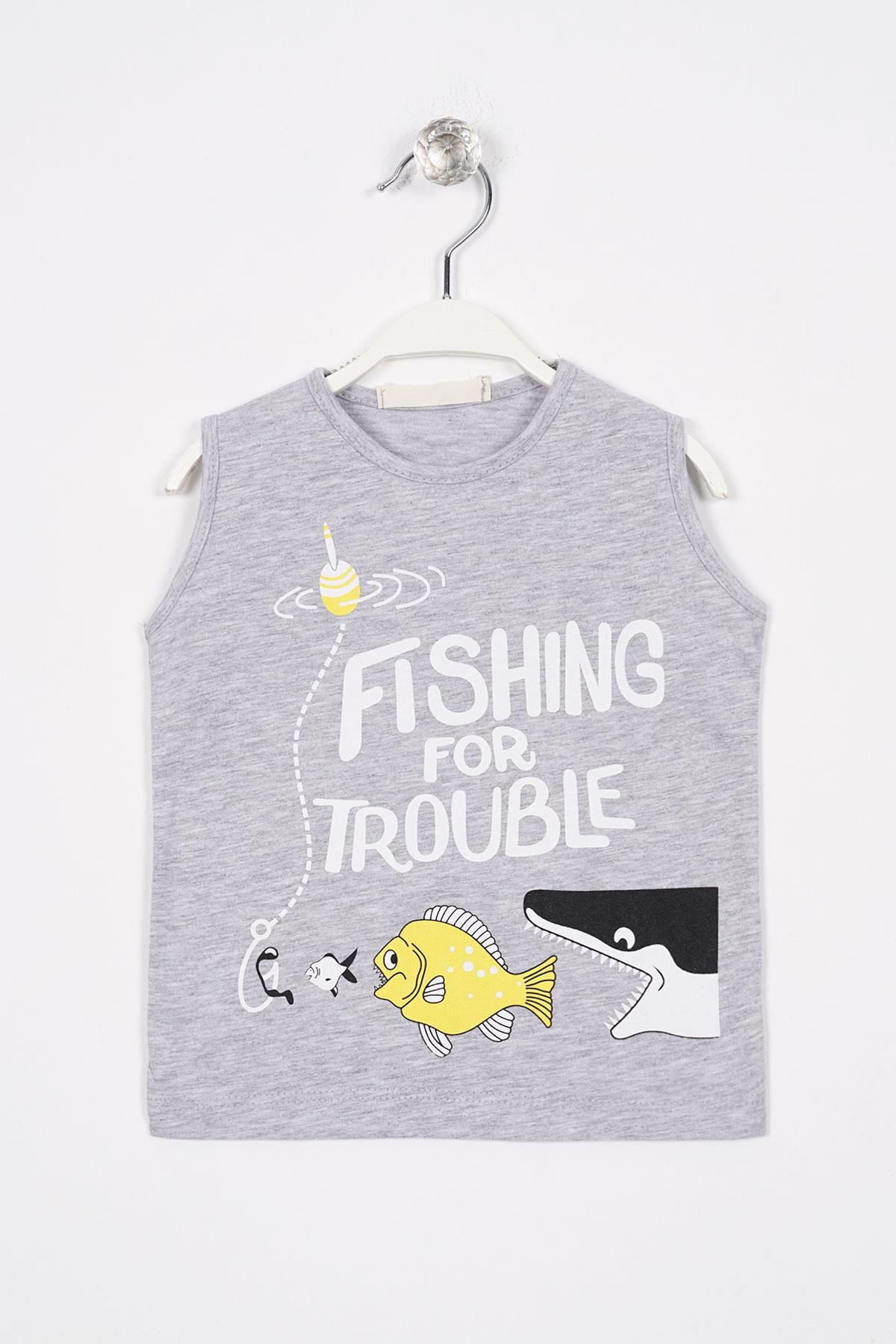 Fıshıng For Trouble Yazı Baskılı Gri Melanj Renk Erkek Çocuk Tshirt