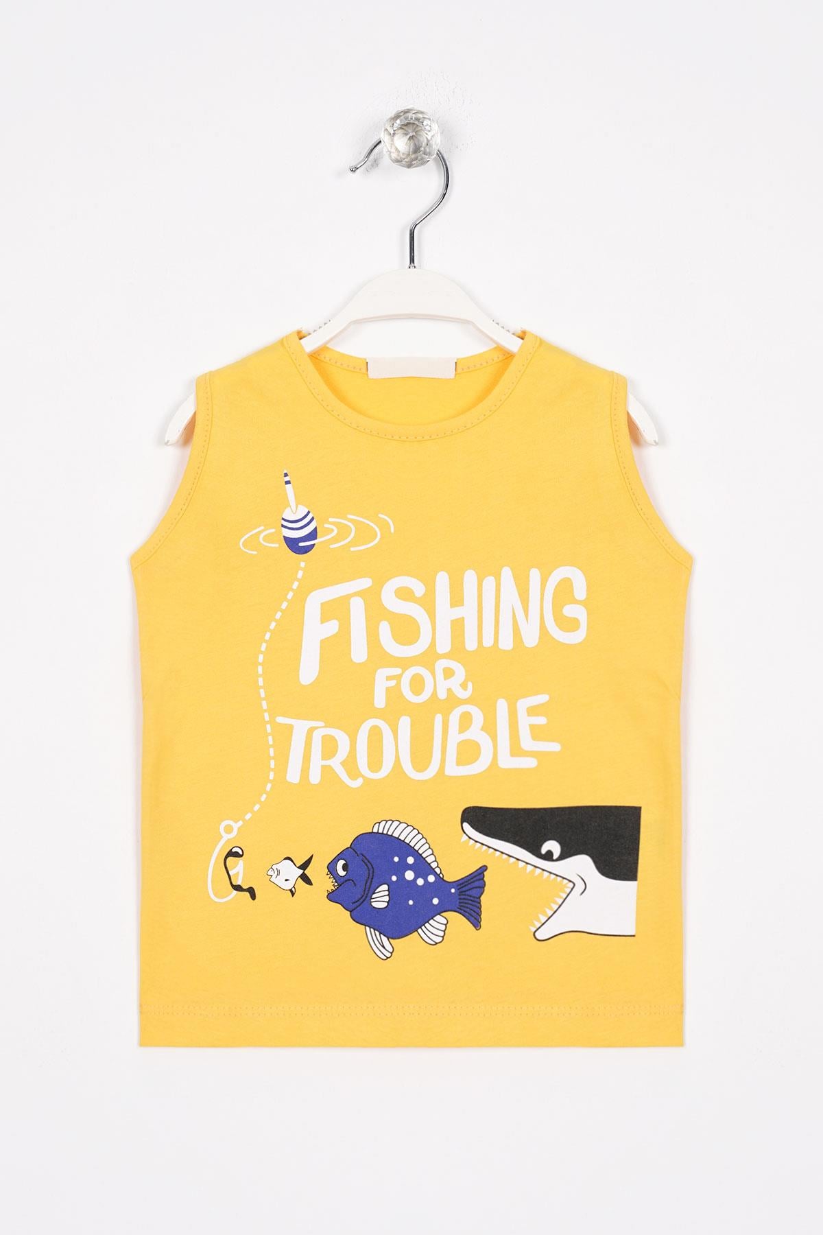 Fıshıng For Trouble Yazı Baskılı Hardal Renk Erkek Çocuk Tshirt
