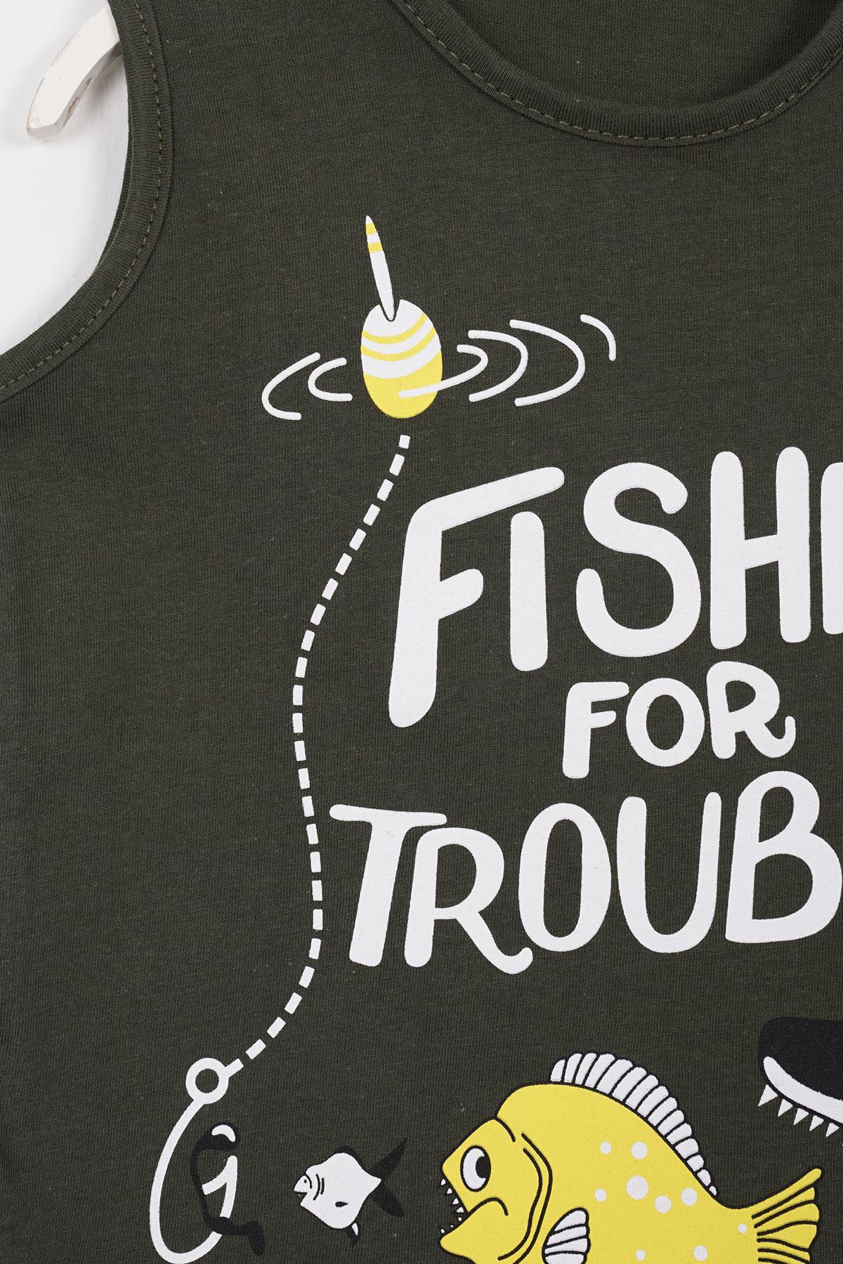 Fıshıng For Trouble Yazı Baskılı Haki Renk Erkek Çocuk Tshirt