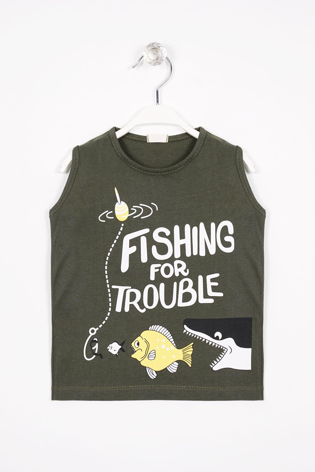 Fıshıng For Trouble Yazı Baskılı Haki Renk Erkek Çocuk Tshirt