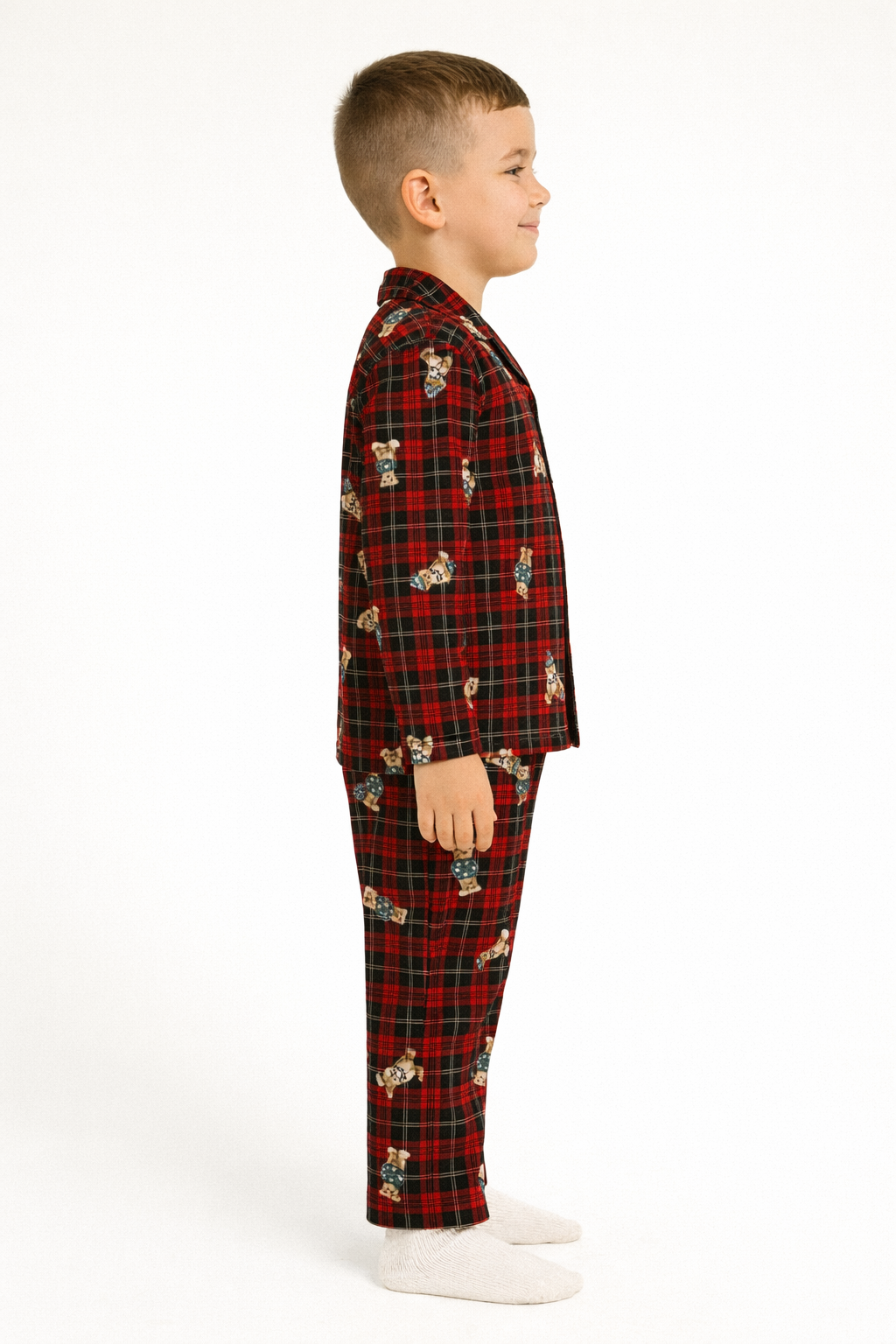 Gömlek Yaka Ayıcık Baskılı Bordo Renk Erkek Çocuk Pijama Takımı