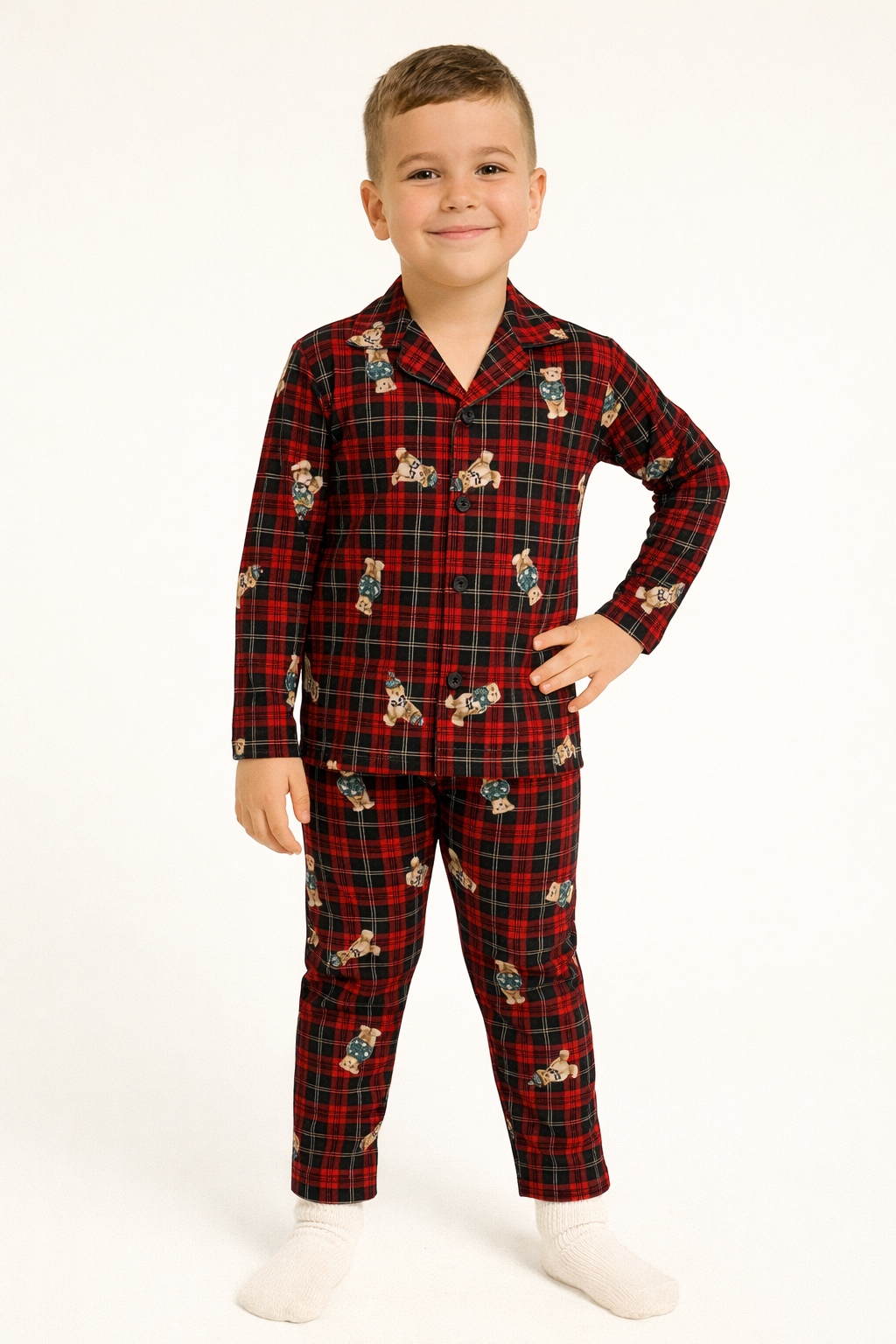 Gömlek Yaka Ayıcık Baskılı Bordo Renk Erkek Çocuk Pijama Takımı
