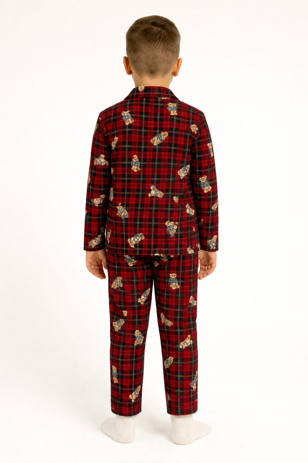 Gömlek Yaka Ayıcık Baskılı Bordo Renk Erkek Çocuk Pijama Takımı