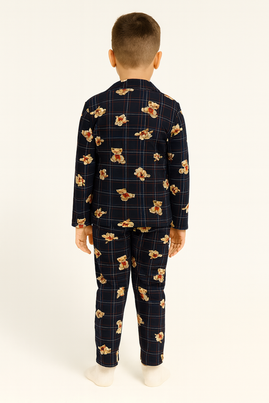 Gömlek Yaka Ayıcık Baskılı Lacivert Renk Erkek Çocuk Pijama Takımı