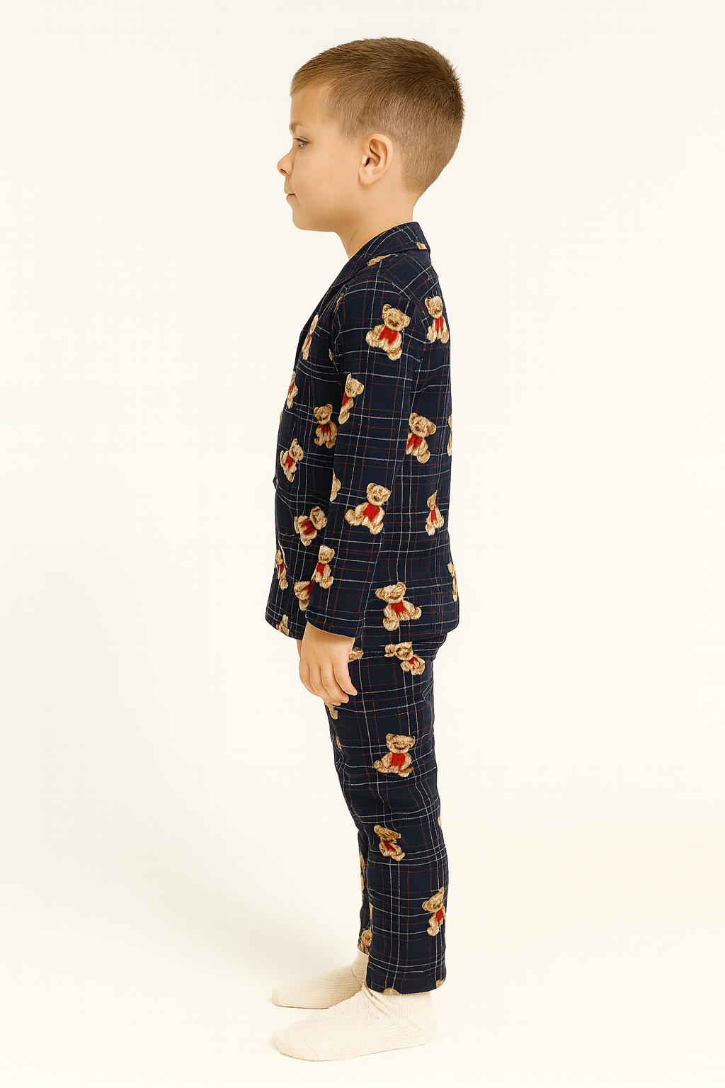 Gömlek Yaka Ayıcık Baskılı Lacivert Renk Erkek Çocuk Pijama Takımı