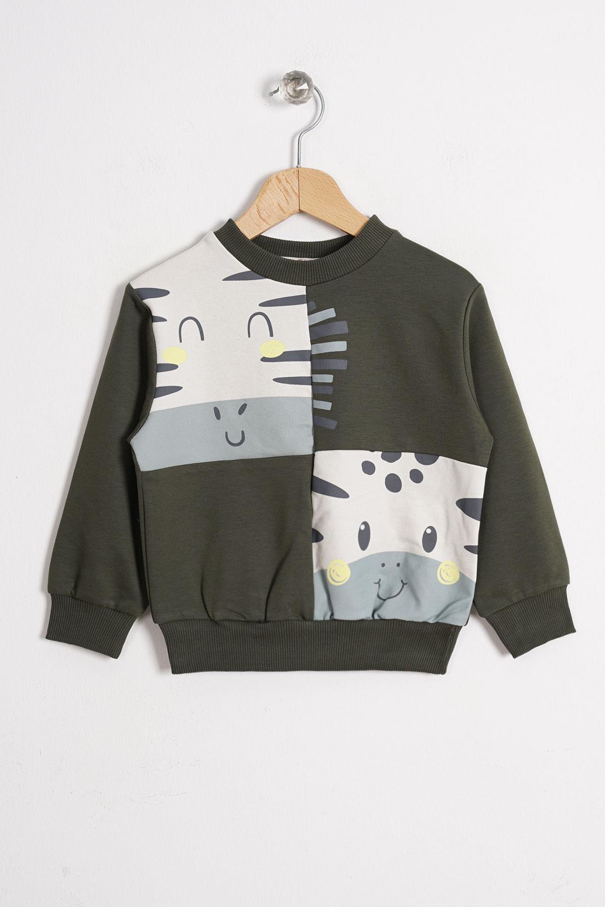 Hayvan Figürlü Haki Renk Erkek Çocuk Sweatshirt