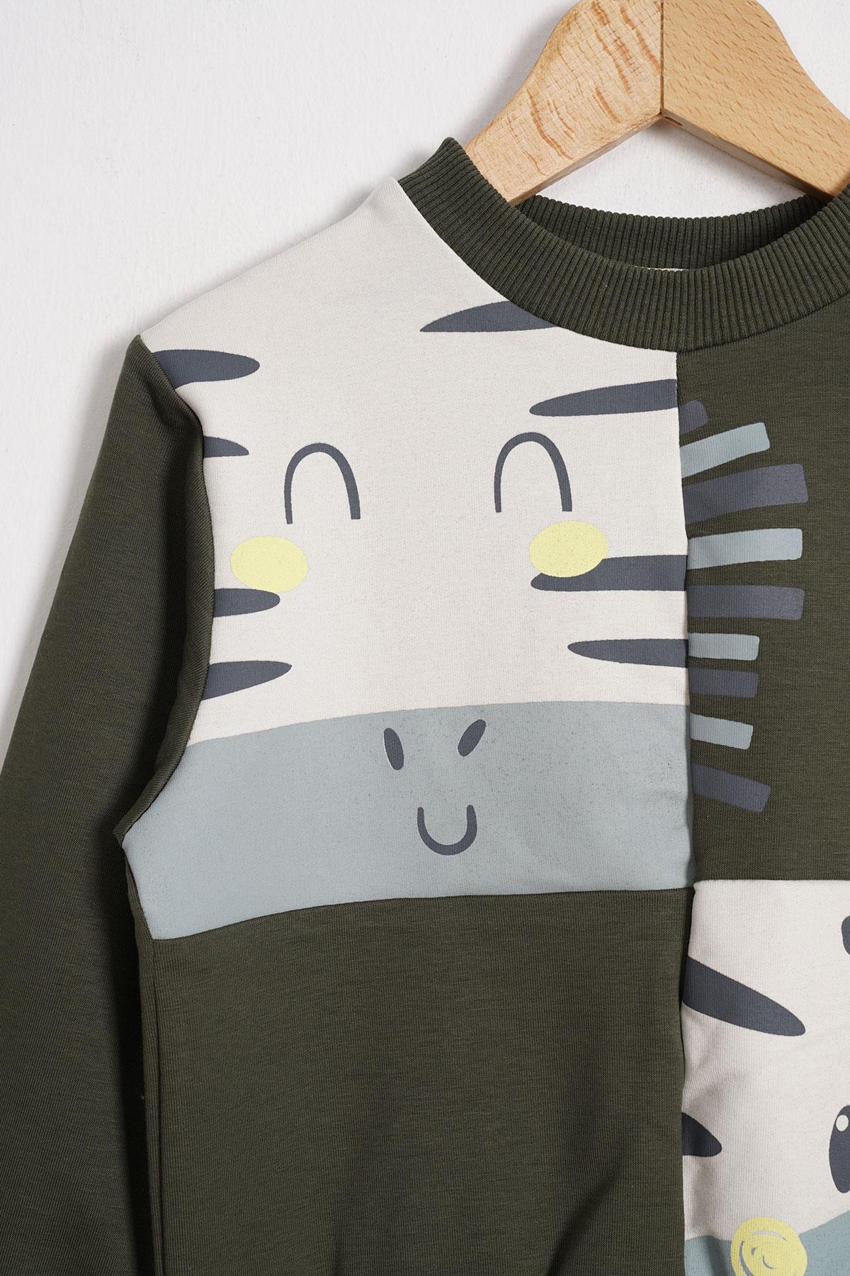 Hayvan Figürlü Haki Renk Erkek Çocuk Sweatshirt