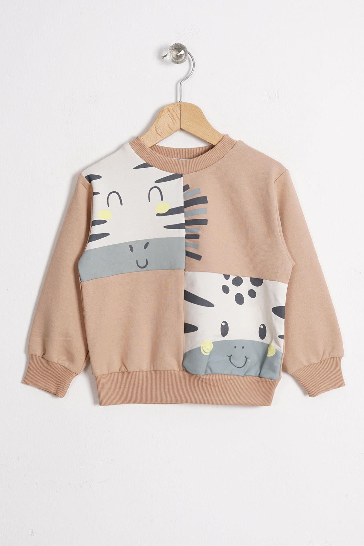 Hayvan Figürlü Vizon Renk Erkek Çocuk Sweatshirt