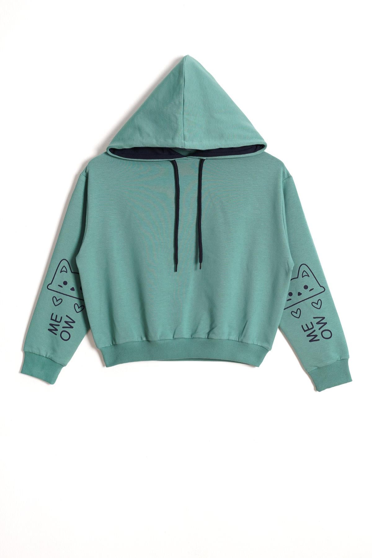 Kapüşonlu Uzun Kol Çağla Yeşil Renk Kız Çocuk Sweatshirt