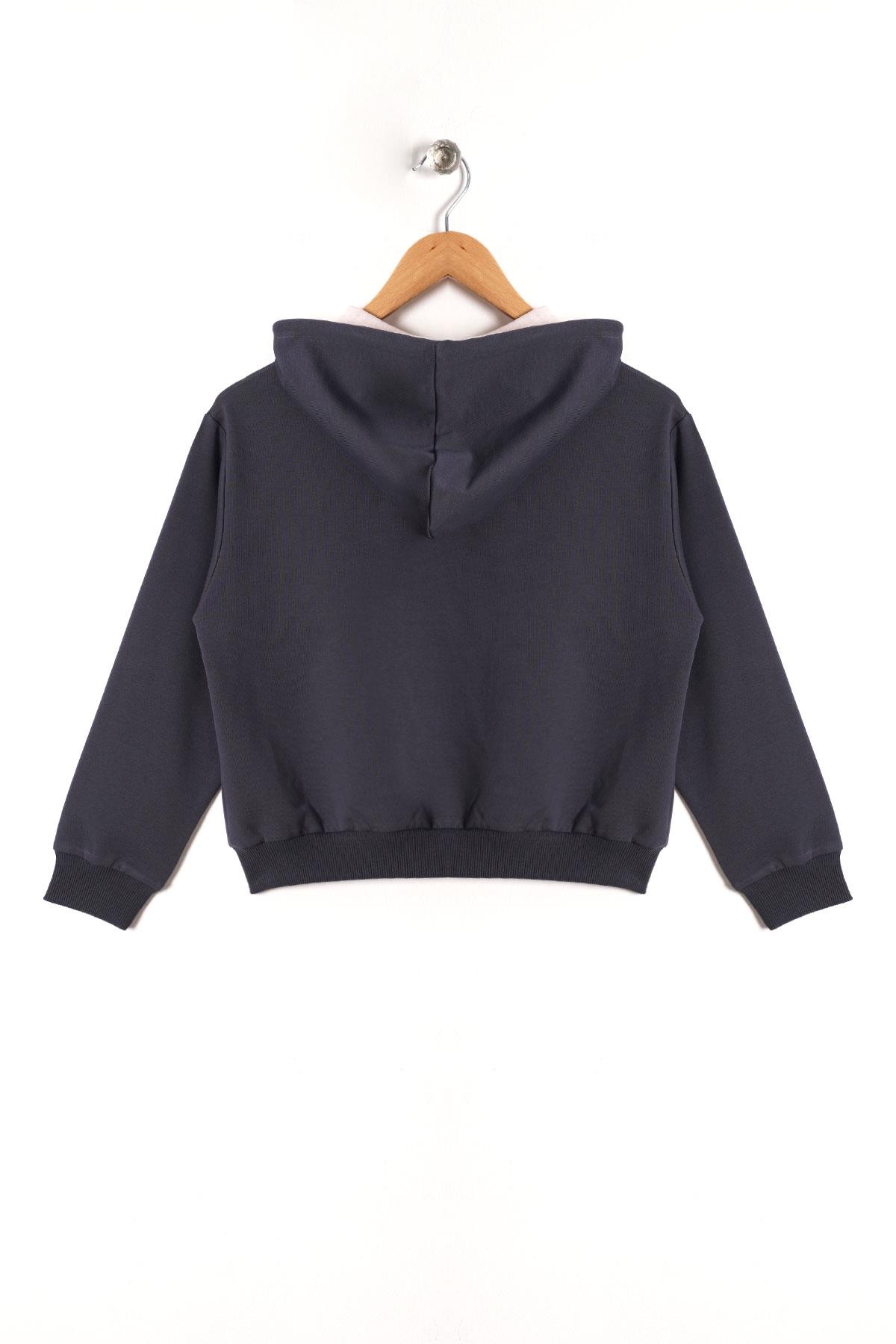 Kapüşonlu Uzun Kol Füme Renk Kız Çocuk Sweatshirt