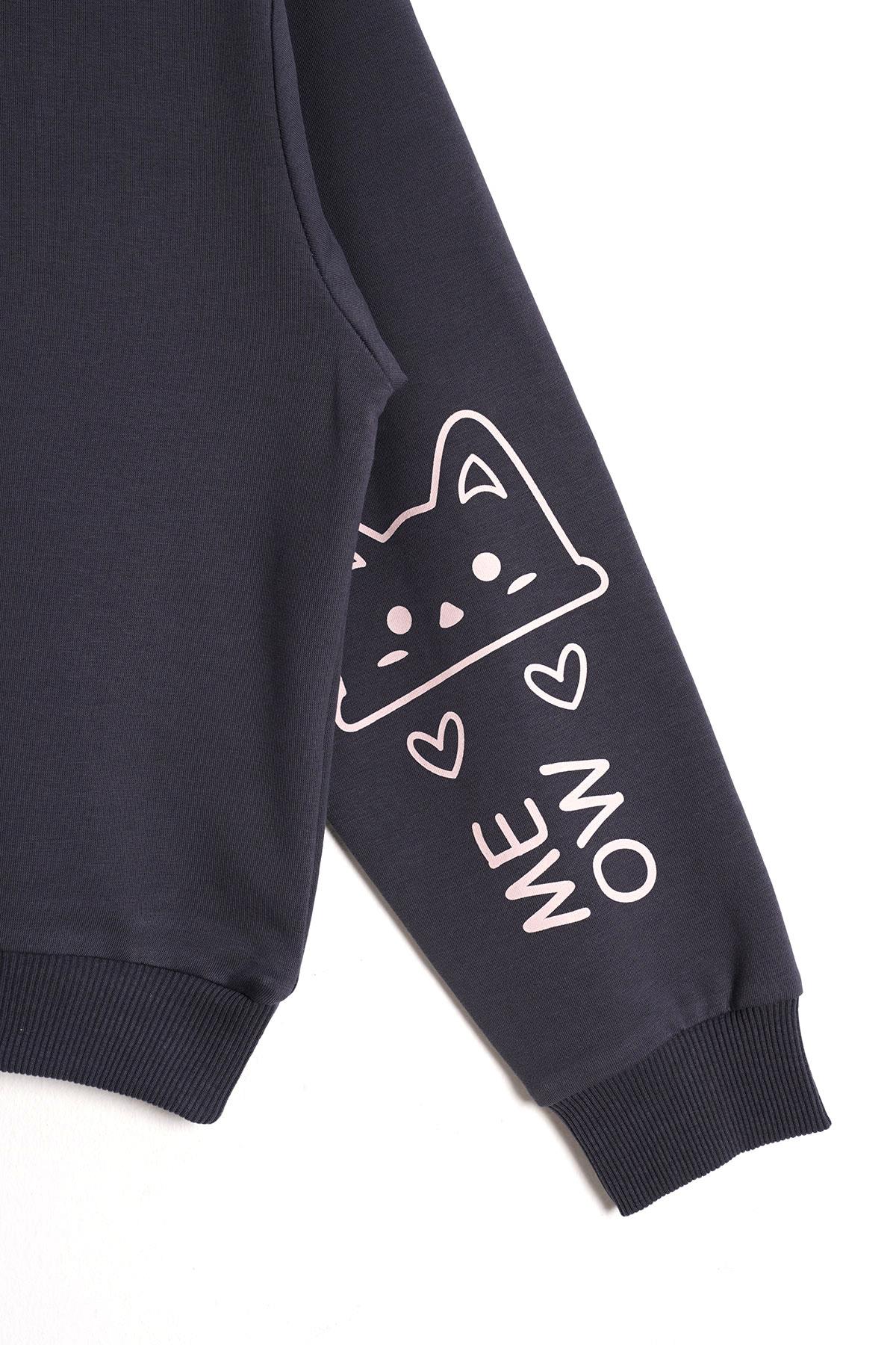 Kapüşonlu Uzun Kol Füme Renk Kız Çocuk Sweatshirt