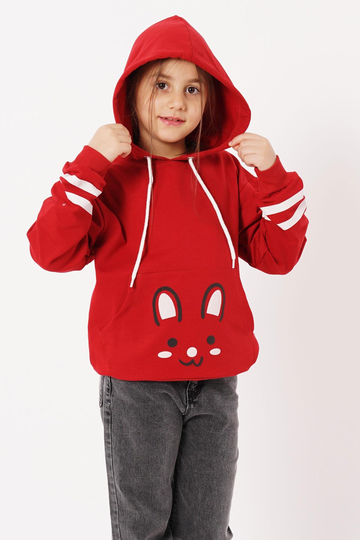 Kapüşonlu Uzun Kol Kırmızı Renk Kız Çocuk Sweatshirt