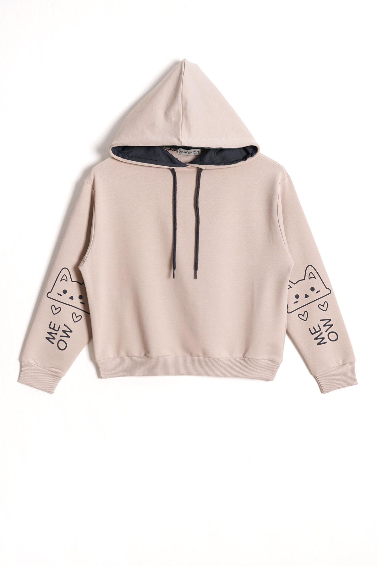Kapüşonlu Uzun Kol Taş Renk Kız Çocuk Sweatshirt