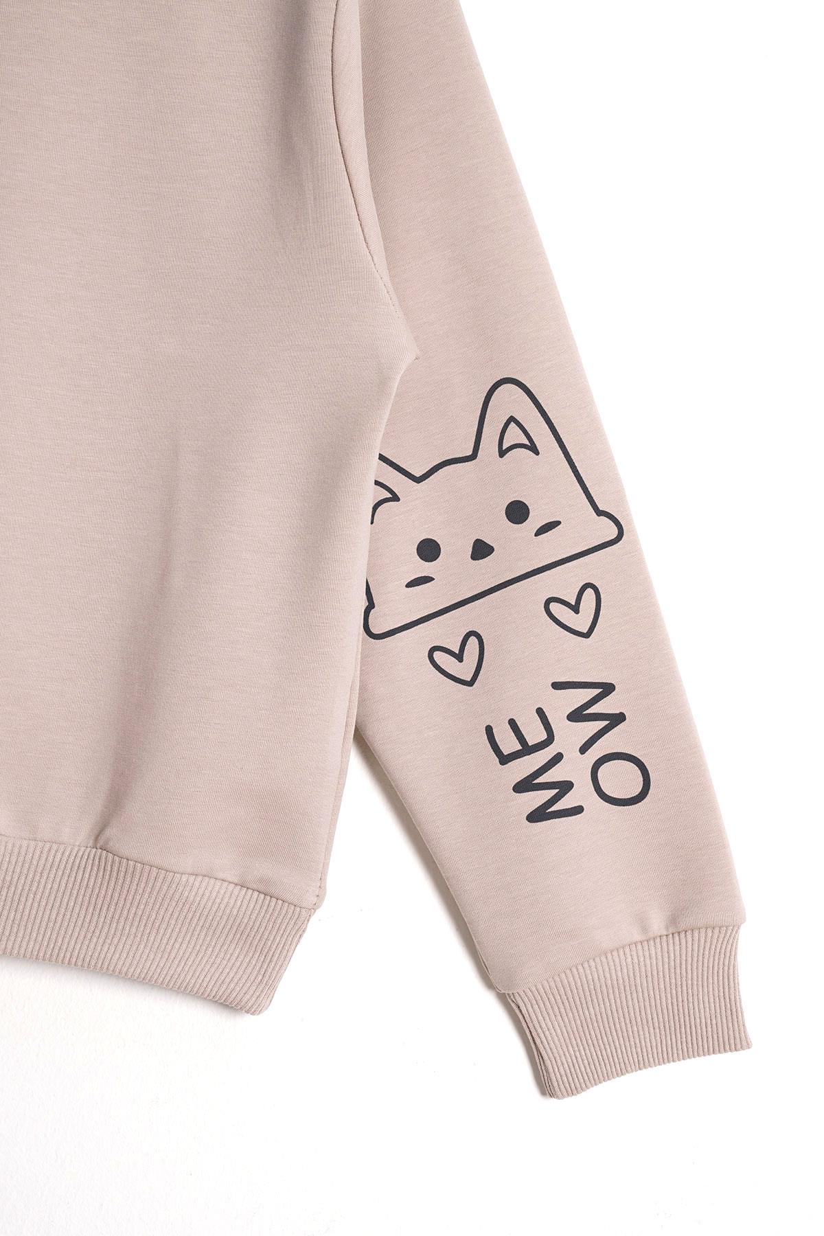 Kapüşonlu Uzun Kol Taş Renk Kız Çocuk Sweatshirt