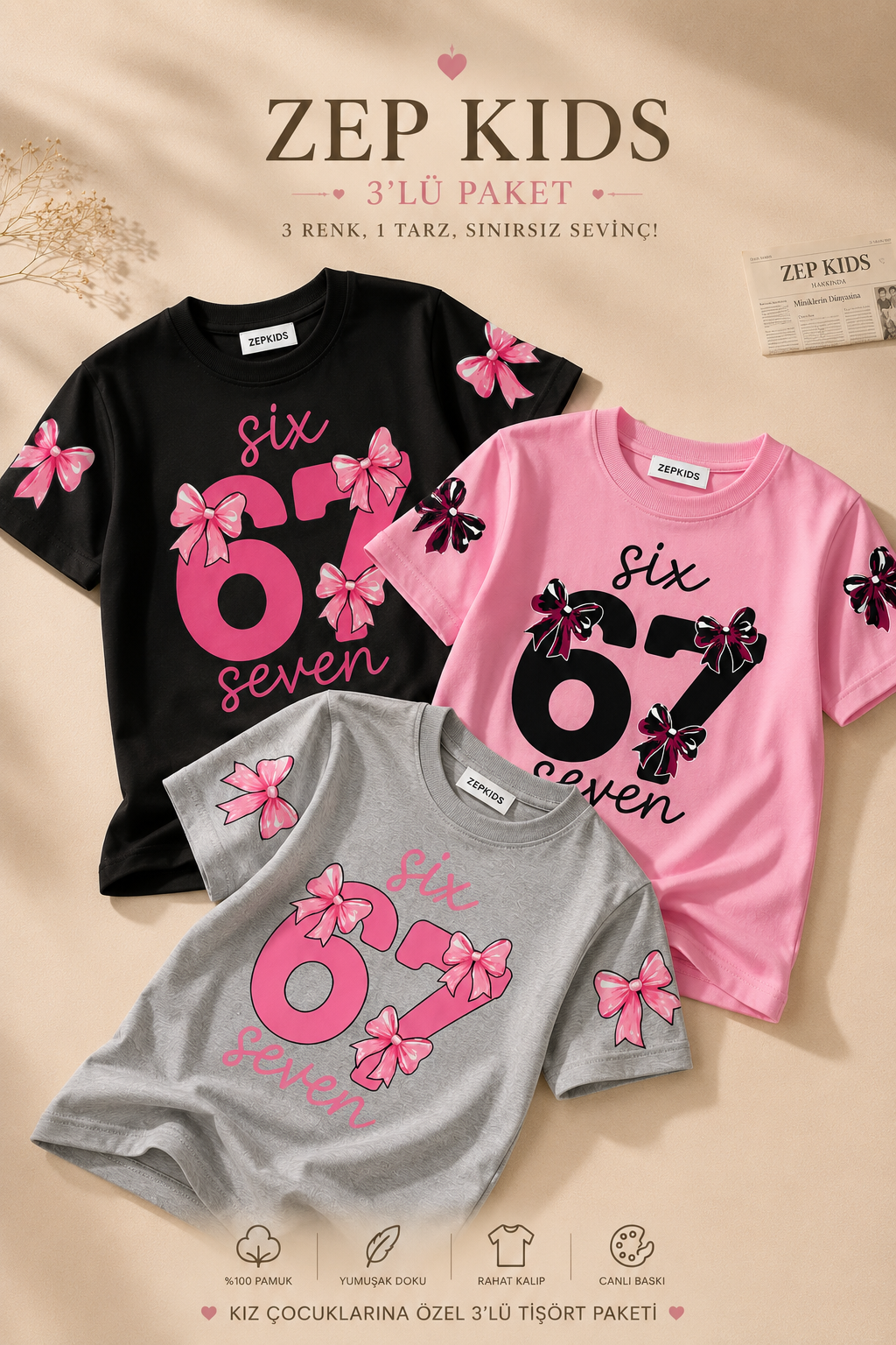 Kız Çocuk 67 Baskılı Pamuklu Likralı 3lü Paket Oversize Tişört