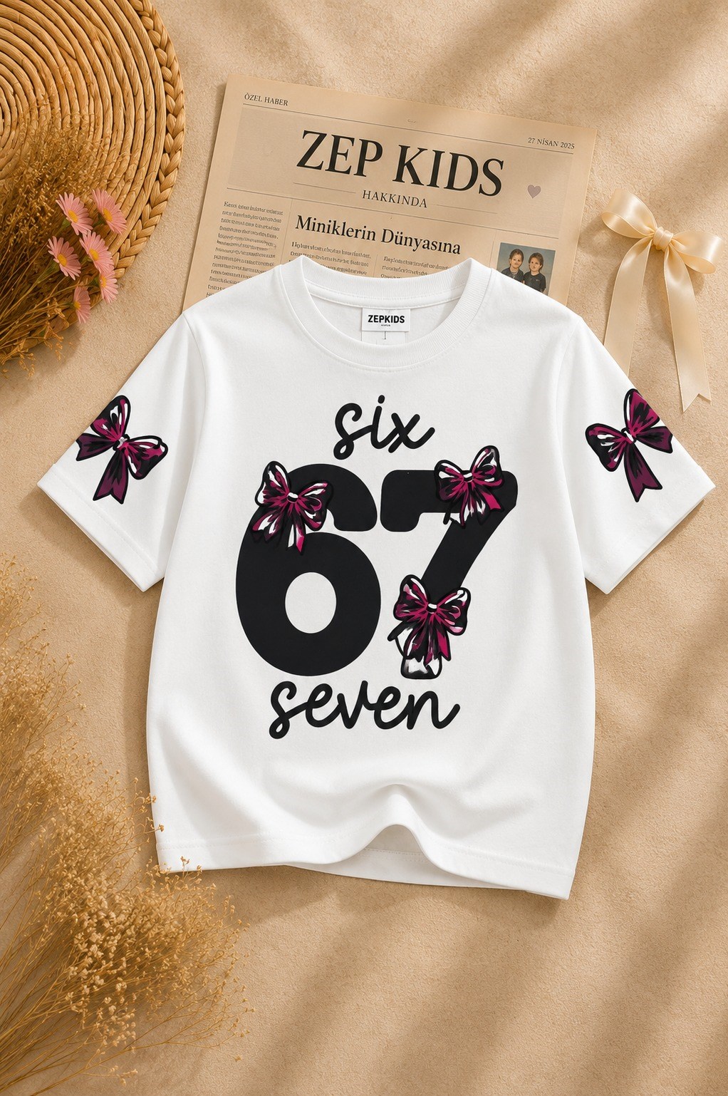 Kız Çocuk 67 Baskılı Pamuklu Likralı Ekru Renk Oversize Tişört