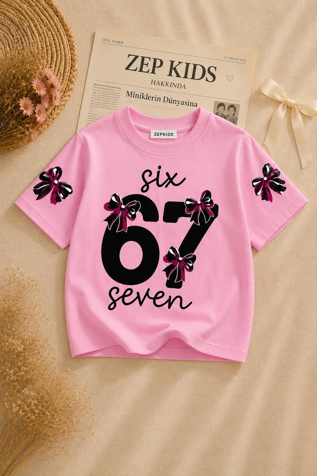 Kız Çocuk 67 Baskılı Pamuklu Likralı 3lü Paket Oversize Tişört
