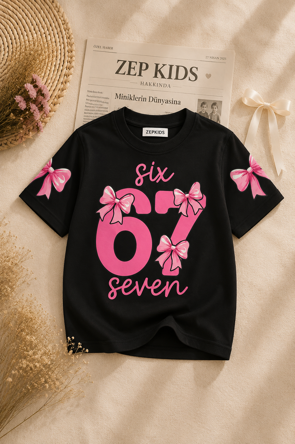 Kız Çocuk 67 Baskılı Pamuklu Likralı 3lü Paket Oversize Tişört