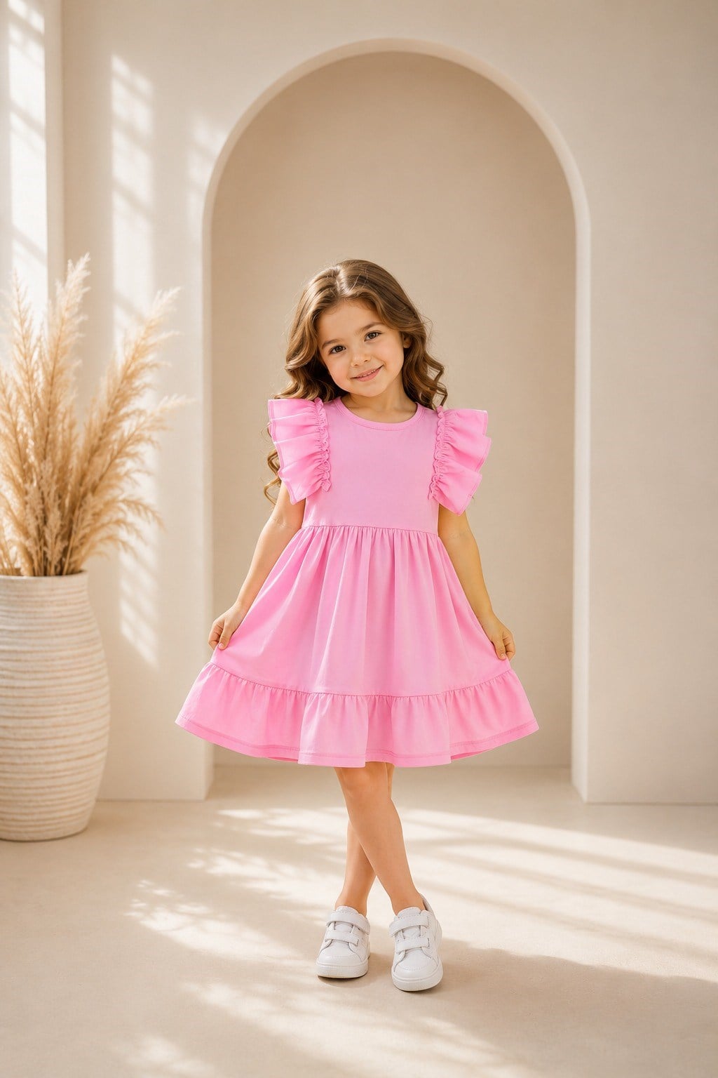 Kız Çocuk Elbise Pembe Renk Fırfır Kollu Günlük Şık Model
