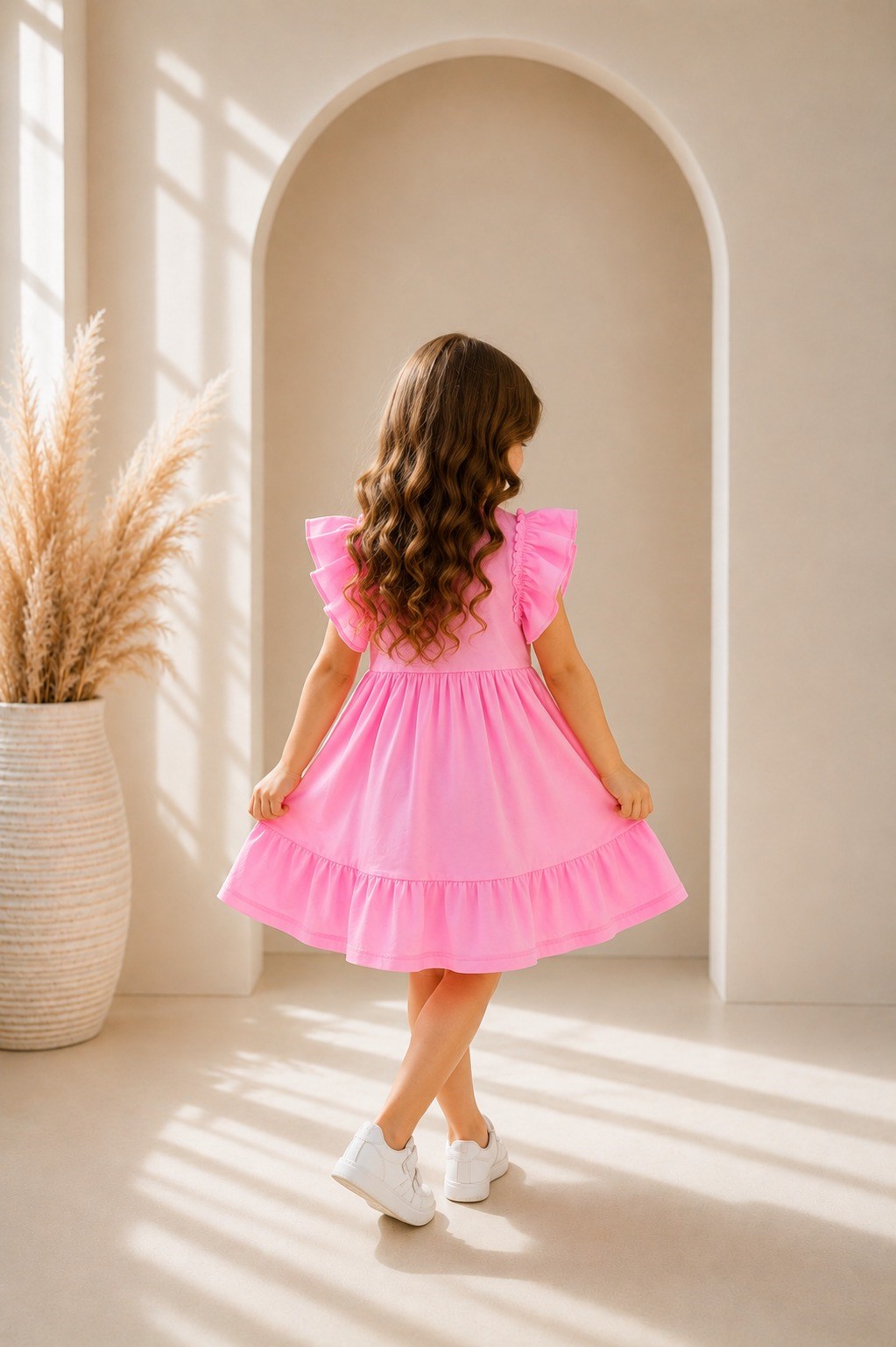 Kız Çocuk Elbise Pembe Renk Fırfır Kollu Günlük Şık Model