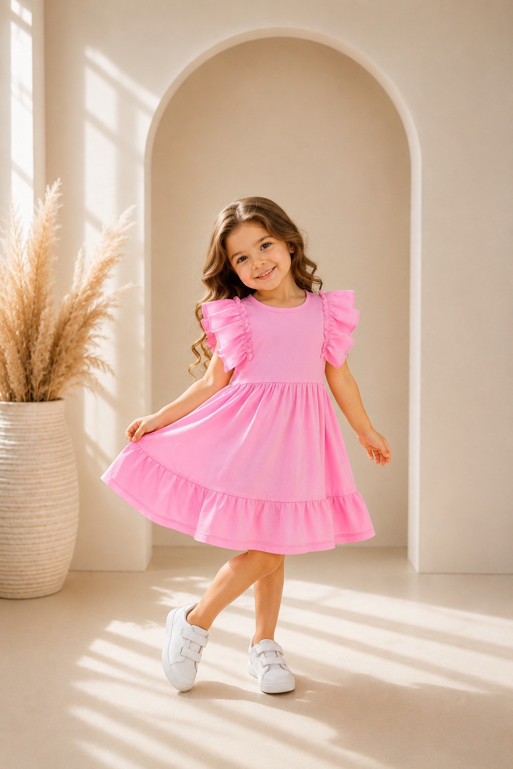 Kız Çocuk Elbise Pembe Renk Fırfır Kollu Günlük Şık Model