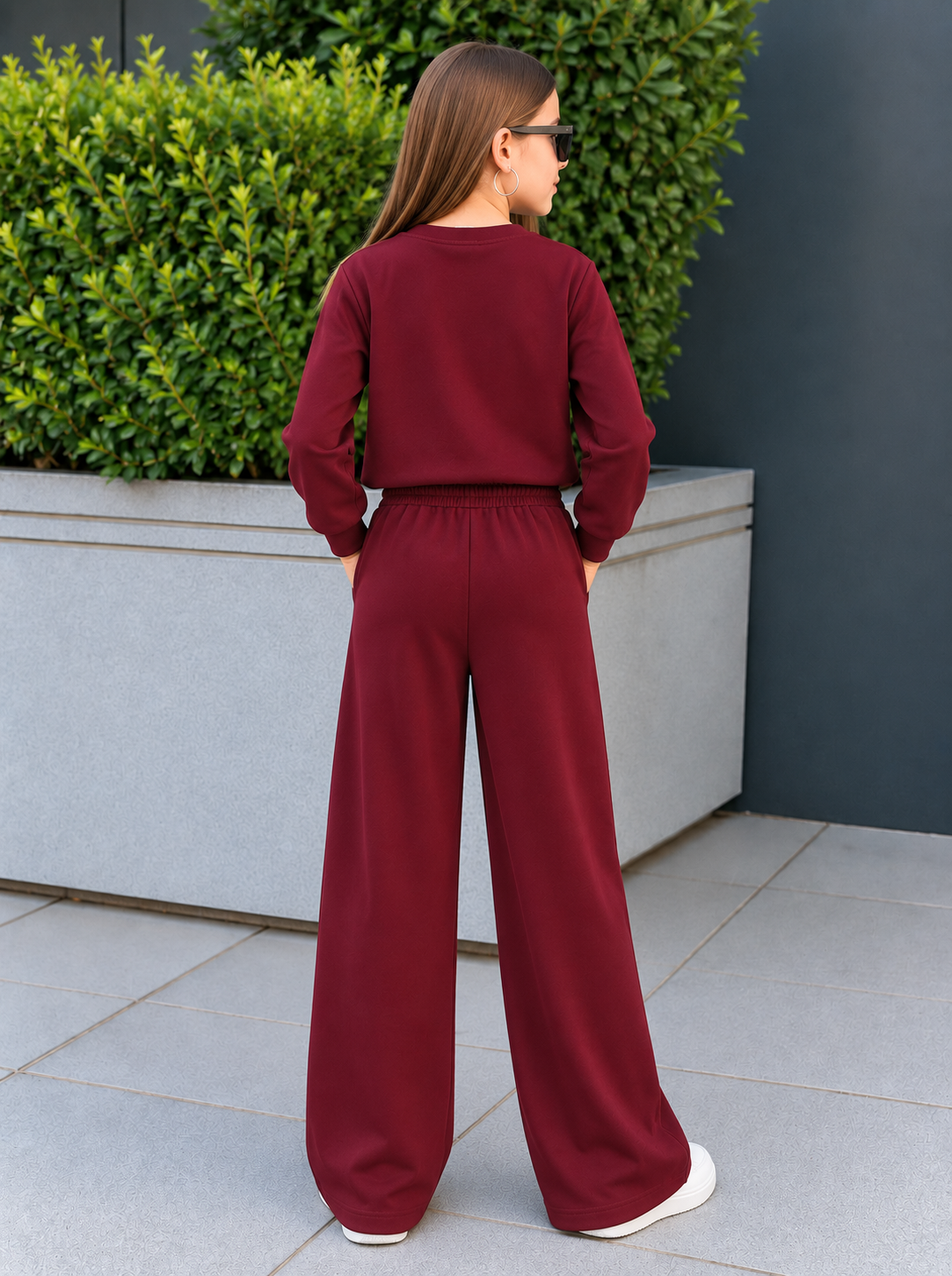 Kız Çocuk Eşofman Takımı Bordo Fiyonklu Sweatshirt ve Bol Paça Pantolon 2li Takım