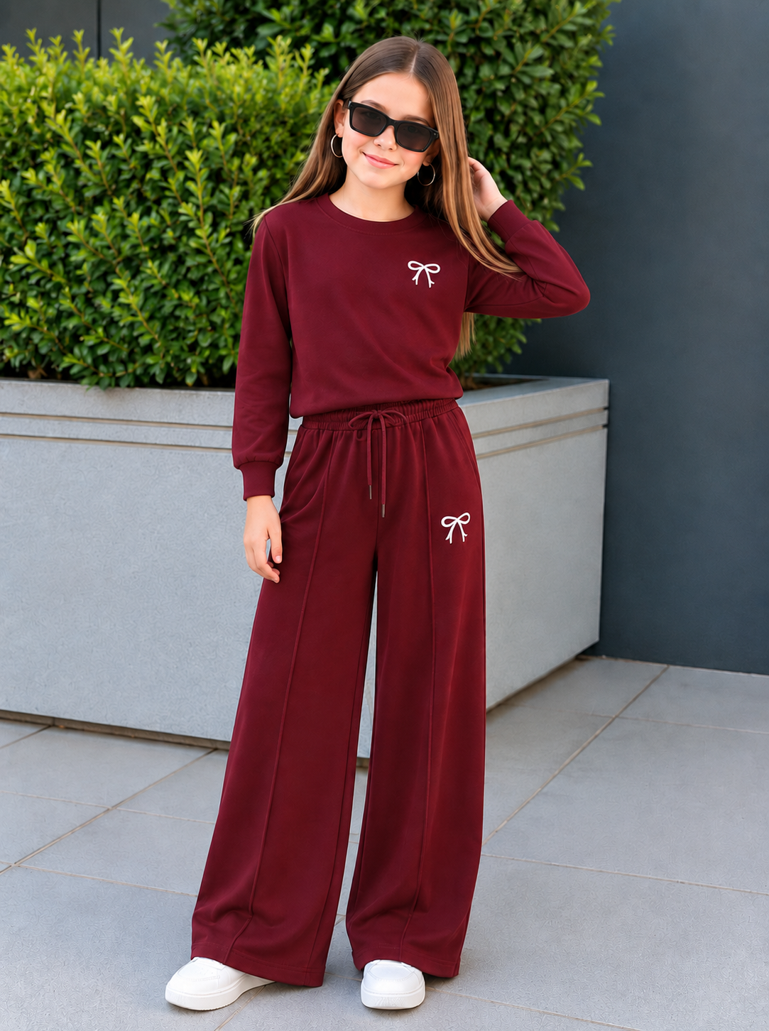 Kız Çocuk Eşofman Takımı Bordo Fiyonklu Sweatshirt ve Bol Paça Pantolon 2li Takım