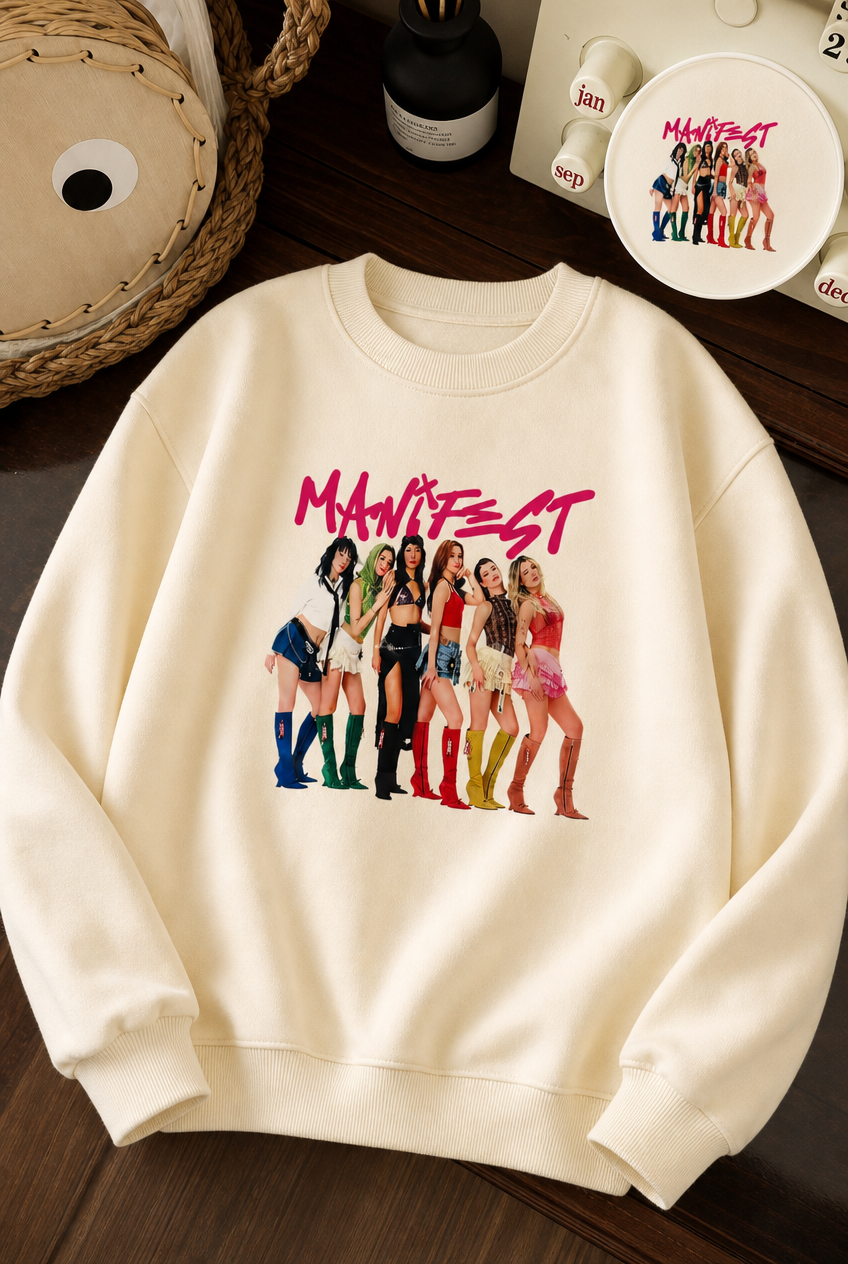 Kız Çocuk Manifest Baskılı Ekru Yumuşak Dokulu Sweetshirt