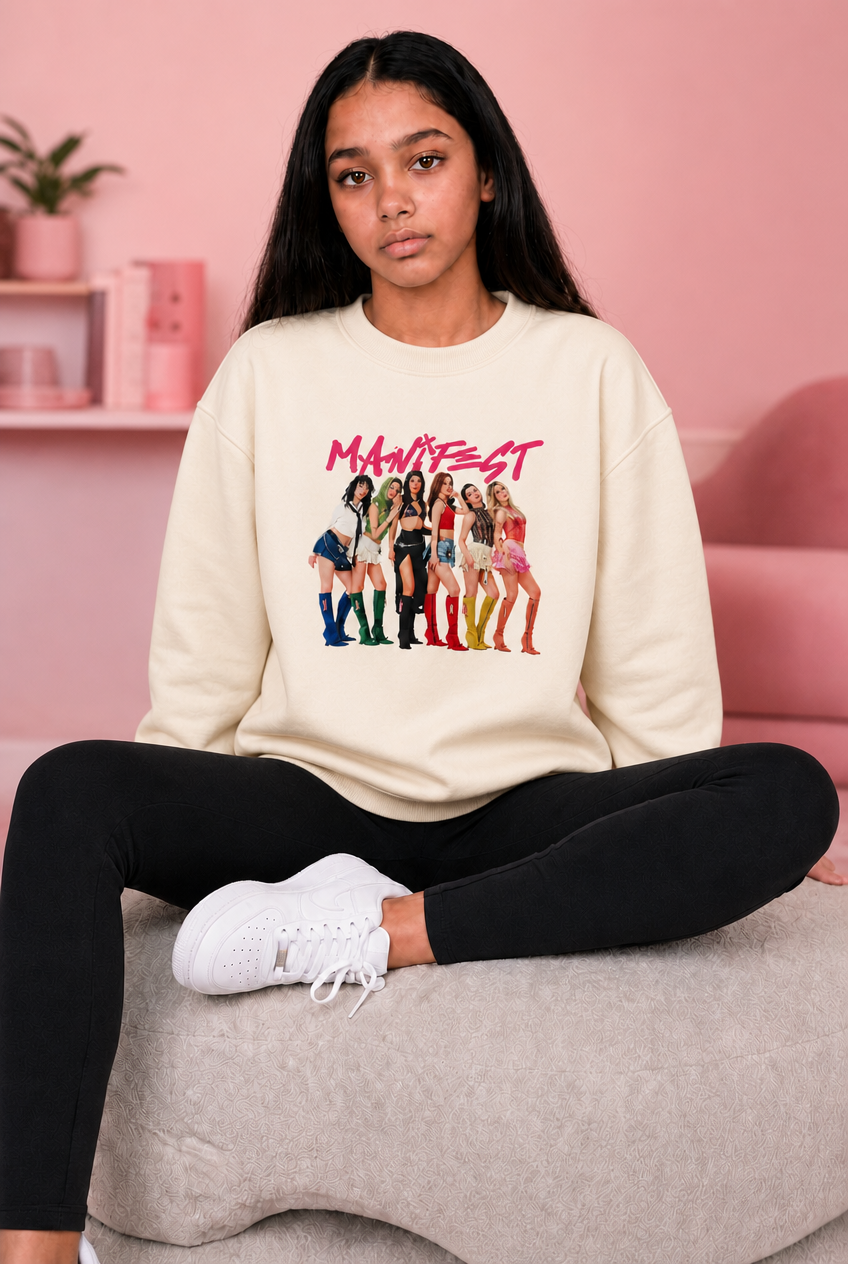 Kız Çocuk Manifest Baskılı Ekru Yumuşak Dokulu Sweetshirt