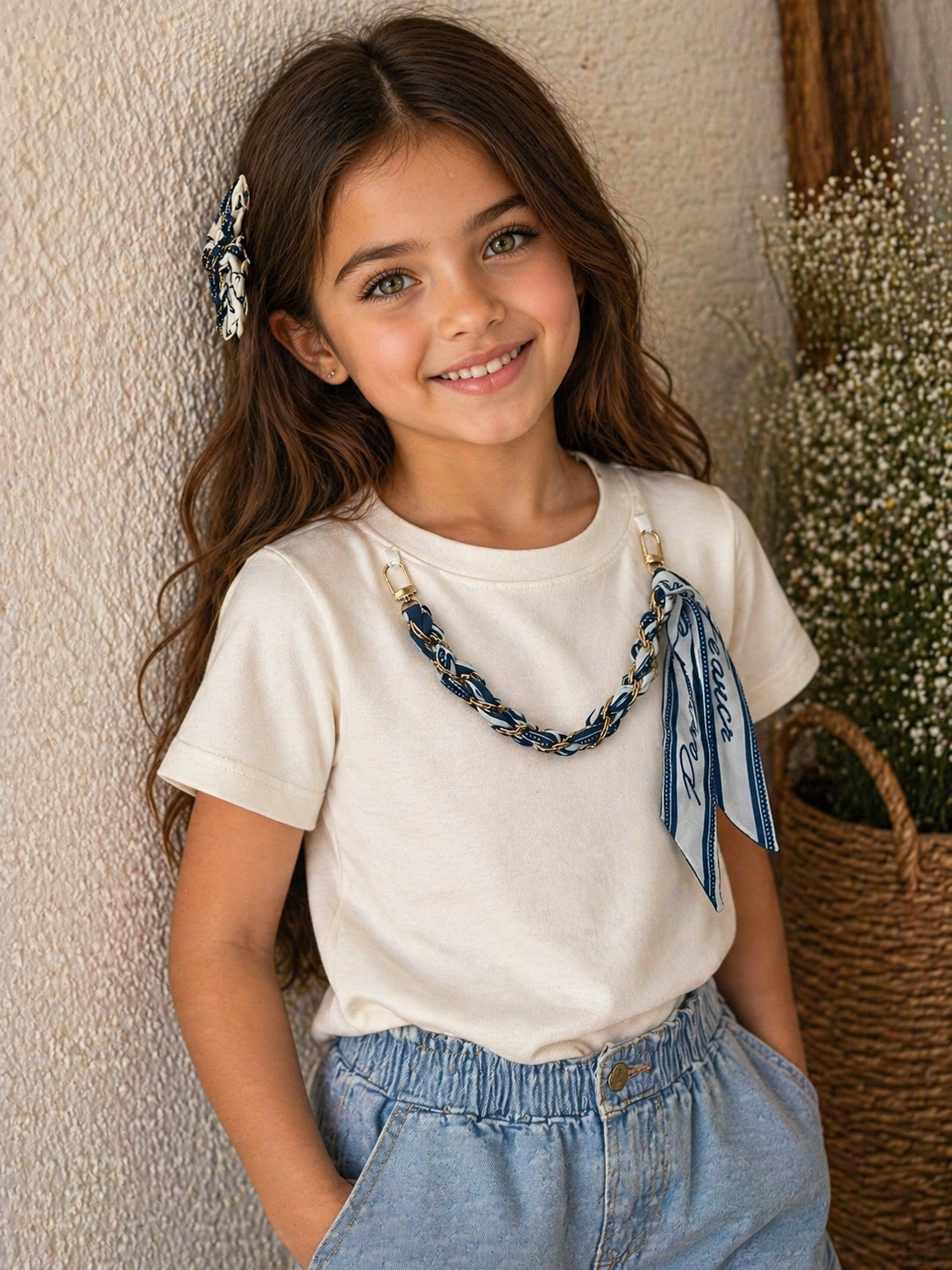 Kız Çocuk Oysho Kumaş Lacivert Aksesuarlı Şık Tişört 👕✨